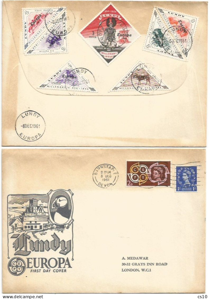 UK Britain 1961 FDC EUROPA  CEPT Lundy Island 8dec1961 Incl. Local Issues Overprinted Europa - To London - Lettres & Documents