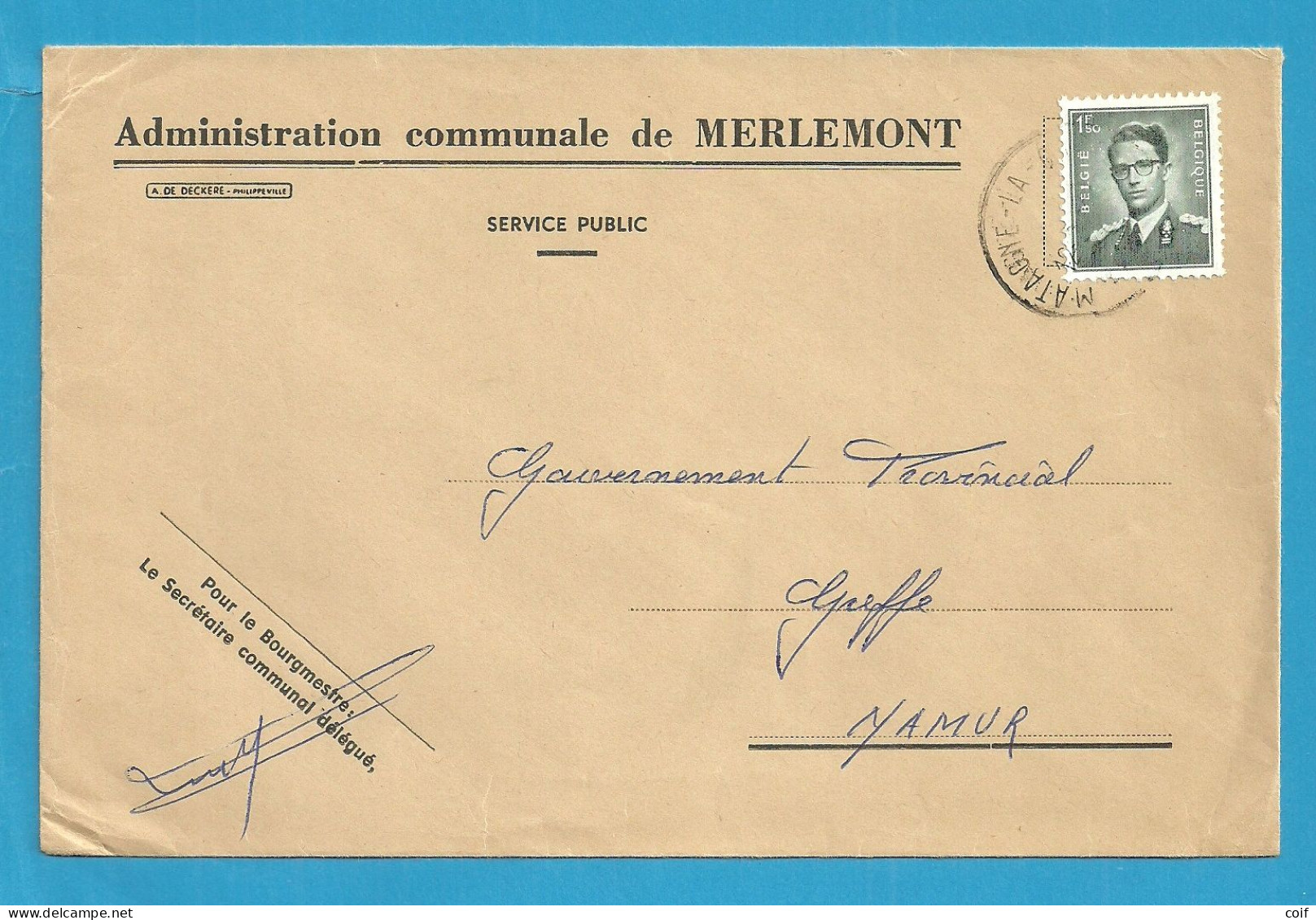 924 Op Brief ADMINISTRATION COMMUNALE DE MERLEMONT - 1953-1972 Glasses