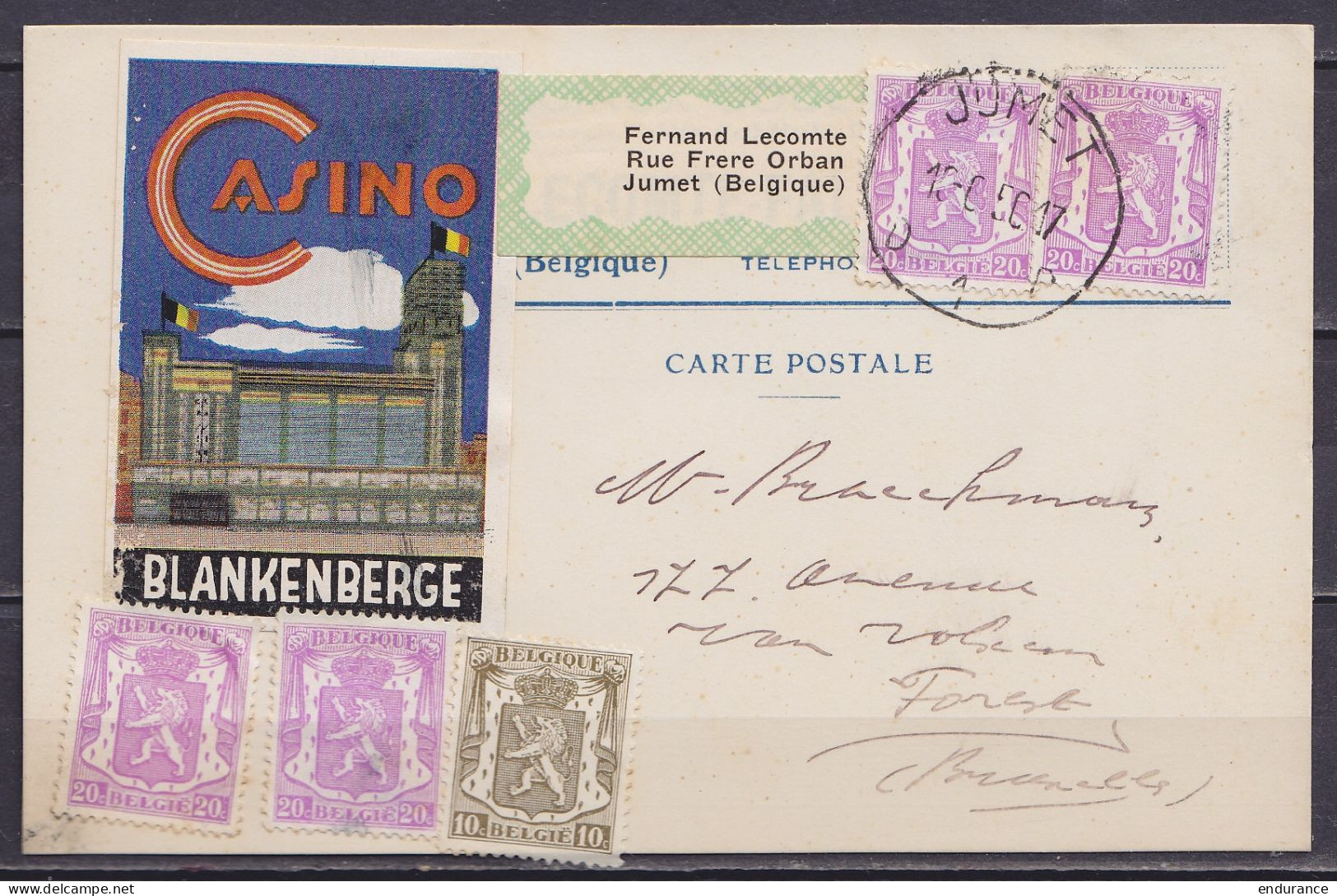 CP Affr. 4x N°422 + N°420 Càd JUMET /15-6-1950 Pour FOREST Bruxelles - Vignette "CASINO - BLANKENBERGE" - 1935-1949 Klein Staatswapen