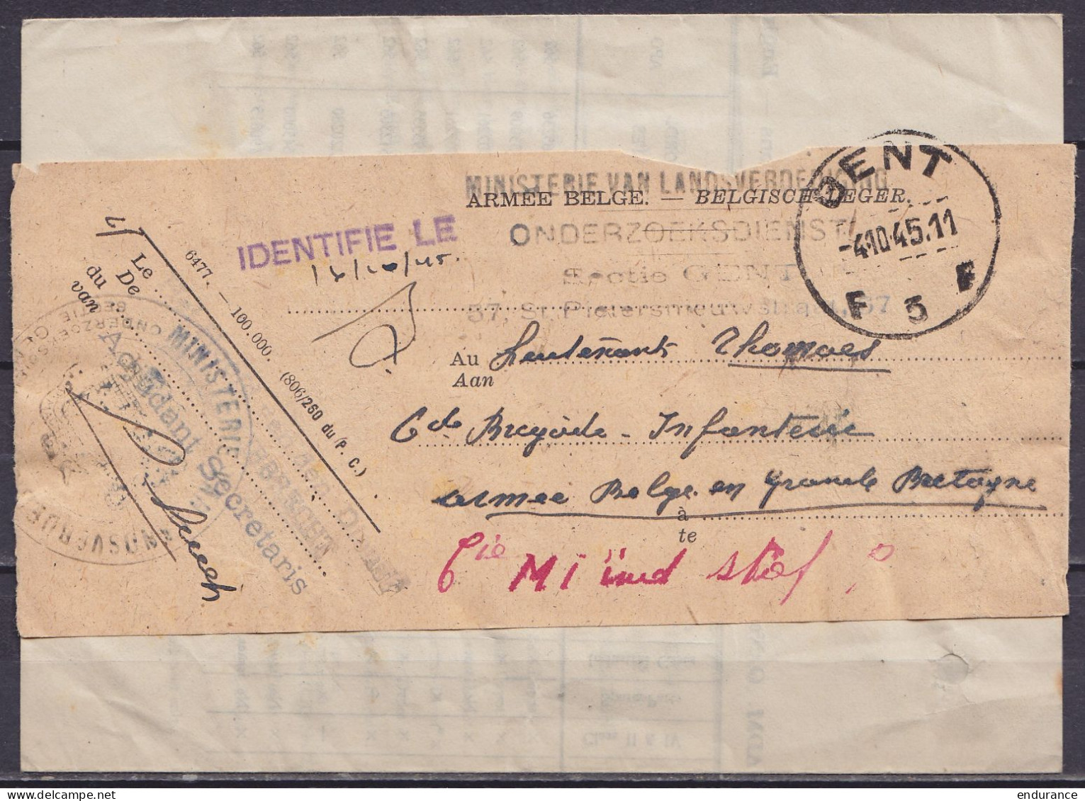 Env. Artisanale "ARMEE BELGE - BELGISCHE LEGER / MINISTERIE VAN LANDSVERDEDINGING / ONDERZOEKSDIENST" Càd GENT 5F /-4.10 - Guerre 40-45 (Lettres & Documents)