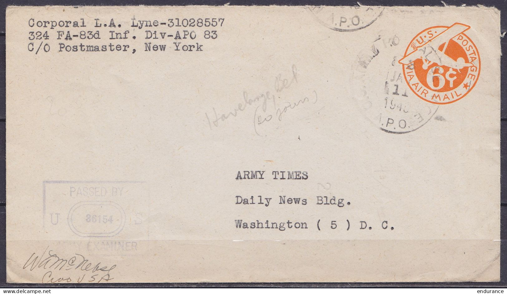 USA - EP Env. 6c Air Mail Càd U.S. ARMY POSTAL SERVICE /8?3 /JAN 11 1945" D'un Militaire Américain à HAVELANGE Pour WASH - WW II (Covers & Documents)