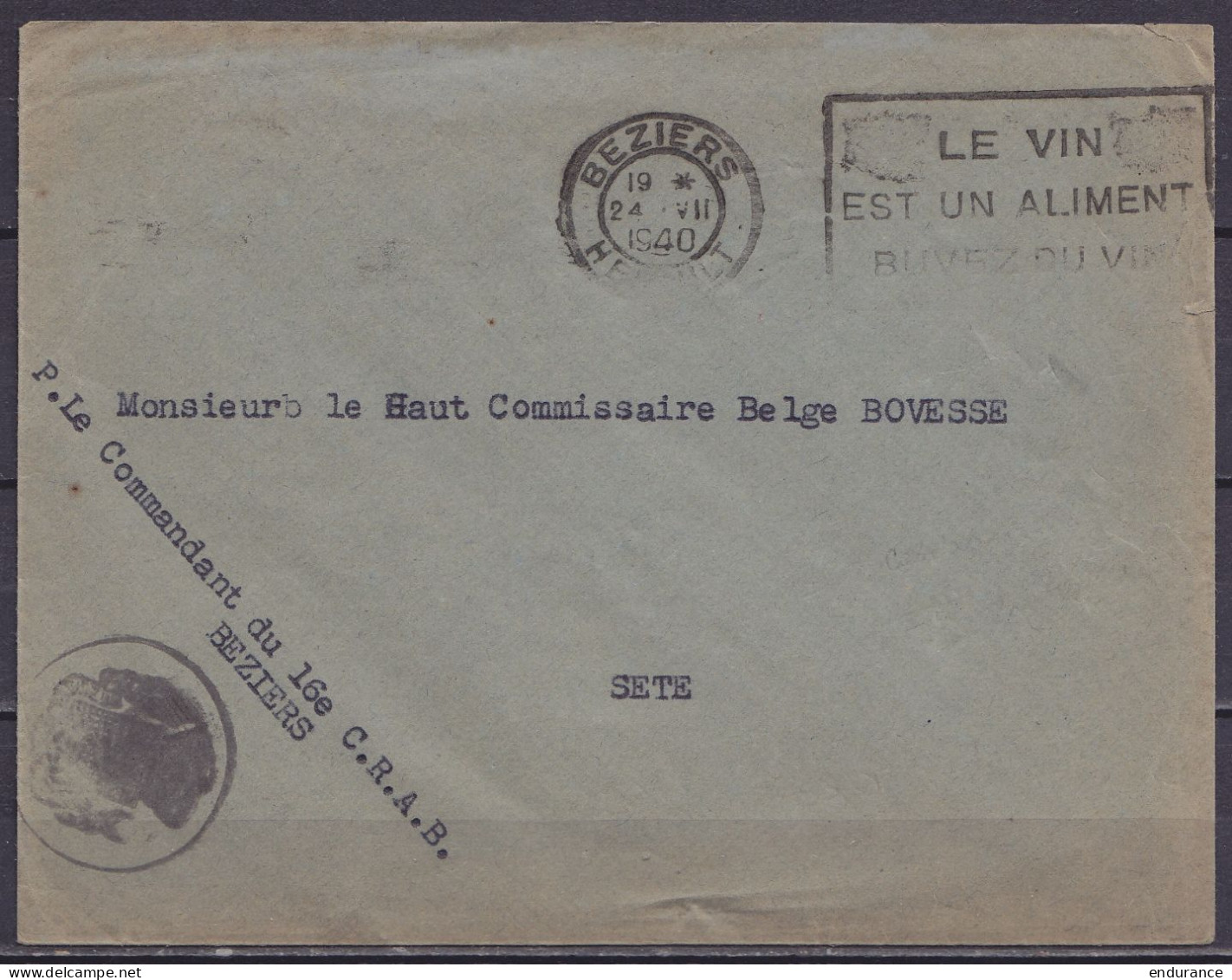 L. En Franchise Flam. BEZIERS /24.VII 1940 Du Commandant Du 16e C.R.A.B. Pour Haut Commissaire Belge Bovesse à SETE Héra - Weltkrieg 1939-45 (Briefe U. Dokumente)