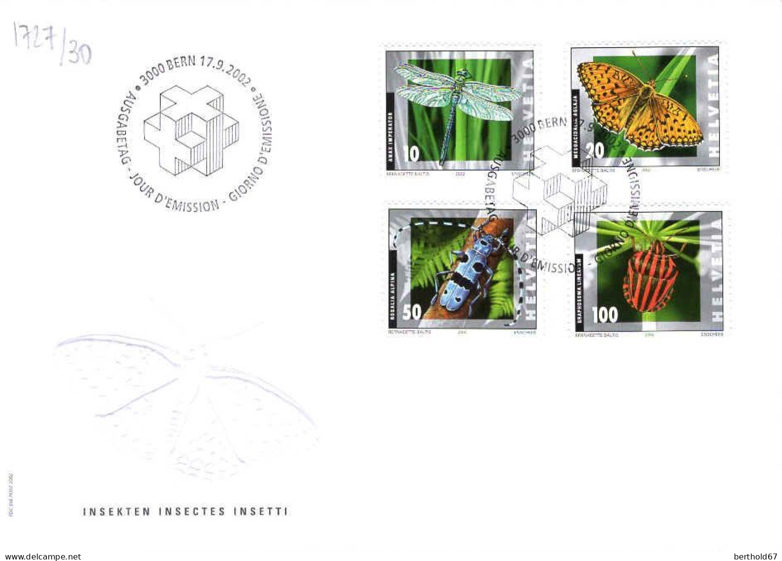 Suisse Poste Obl Yv:1727/1730 Insectes Bern 17-9-2002 Fdc - Gebraucht