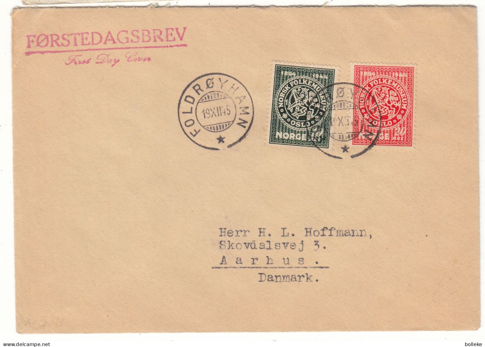 Norvège - Lettre FDC De 1945 - Oblit Foldroyhamn - Exp Vers Aarhus - Valeur 25 Euros - - Lettres & Documents