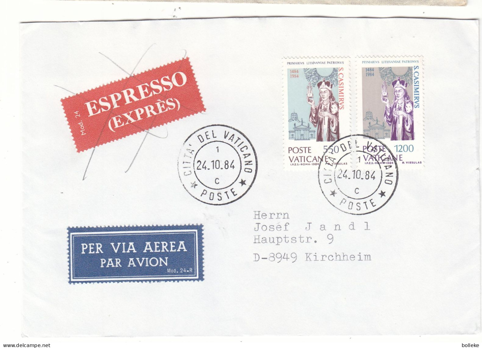 Vatican - Lettre Exprès De 1984 - Oblit Citta Del Vaticano - Exp Vers Kirchheim - - Lettres & Documents