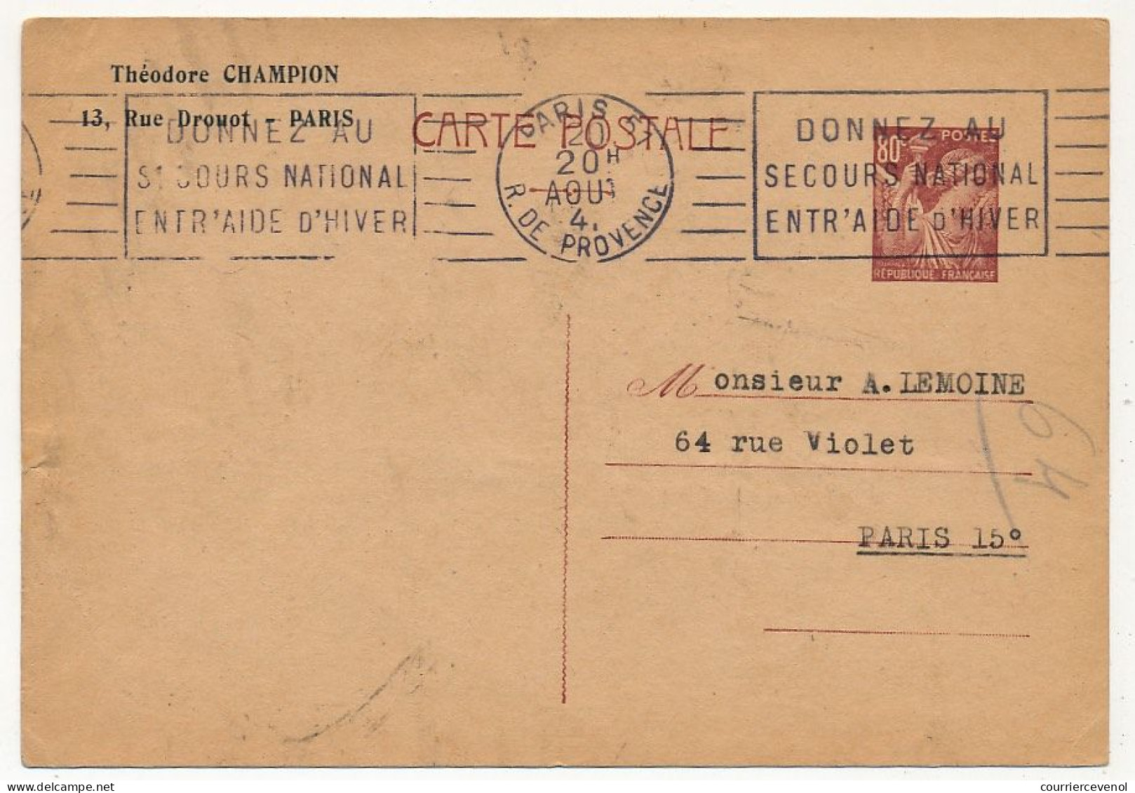 CP 80c Iris - OMEC Donnez Au Secours National Entraide D'hiver Paris 57 - 1941 - Repiquage Théodore Champion - Cartes Postales Repiquages (avant 1995)