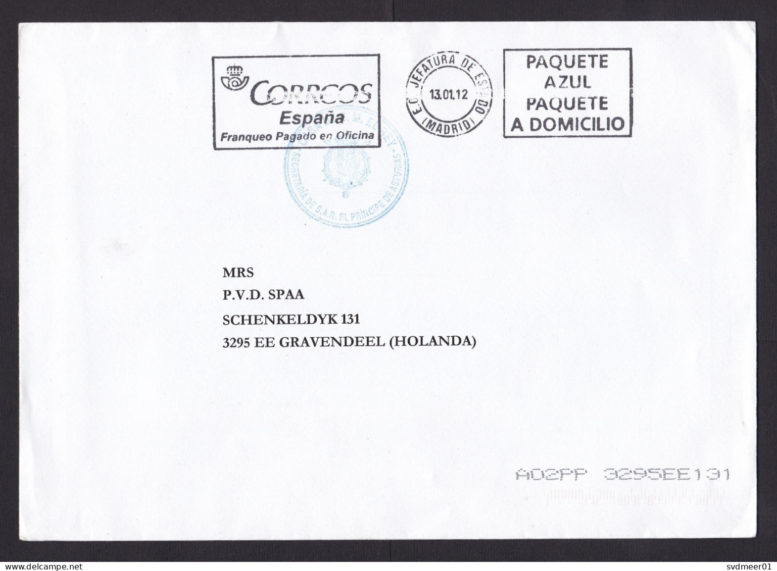 Spain: Cover To Netherlands, 2012, Post Office Paid Cancel, Cancel Secretary Of King, Royalty (traces Of Use) - Lettres & Documents