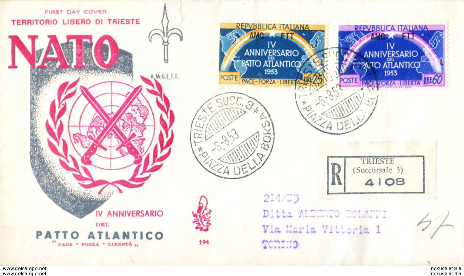 Zona A. Patto Atlantico FDC 1953. - Sonstige & Ohne Zuordnung