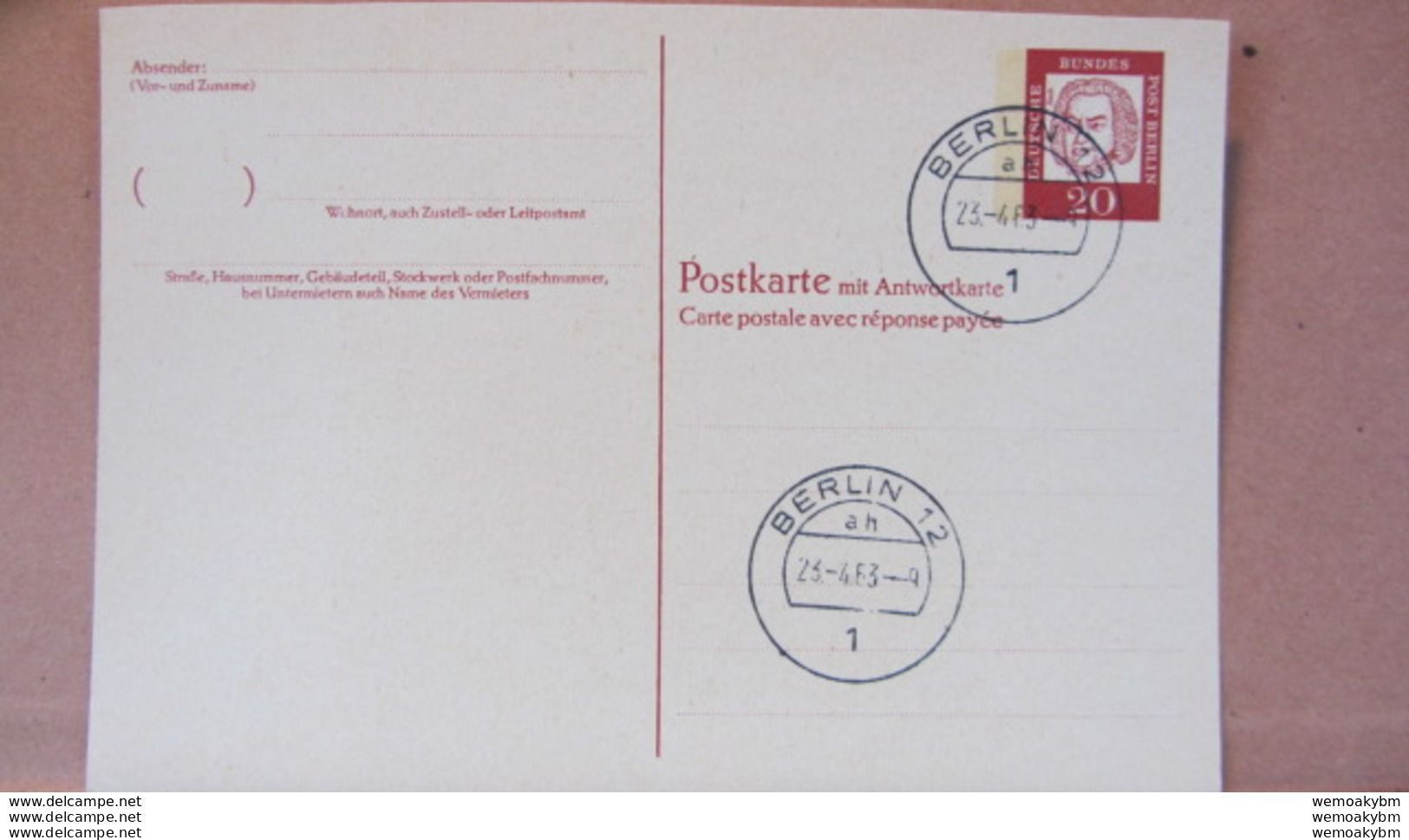 Berlin: GA P 55 F St. BERLIN 12  Vom 23.4.63 Mit 20 Pf Johann Sebastian Bach -Frageteil - Ohne Anschrift - Cartes Postales - Oblitérées