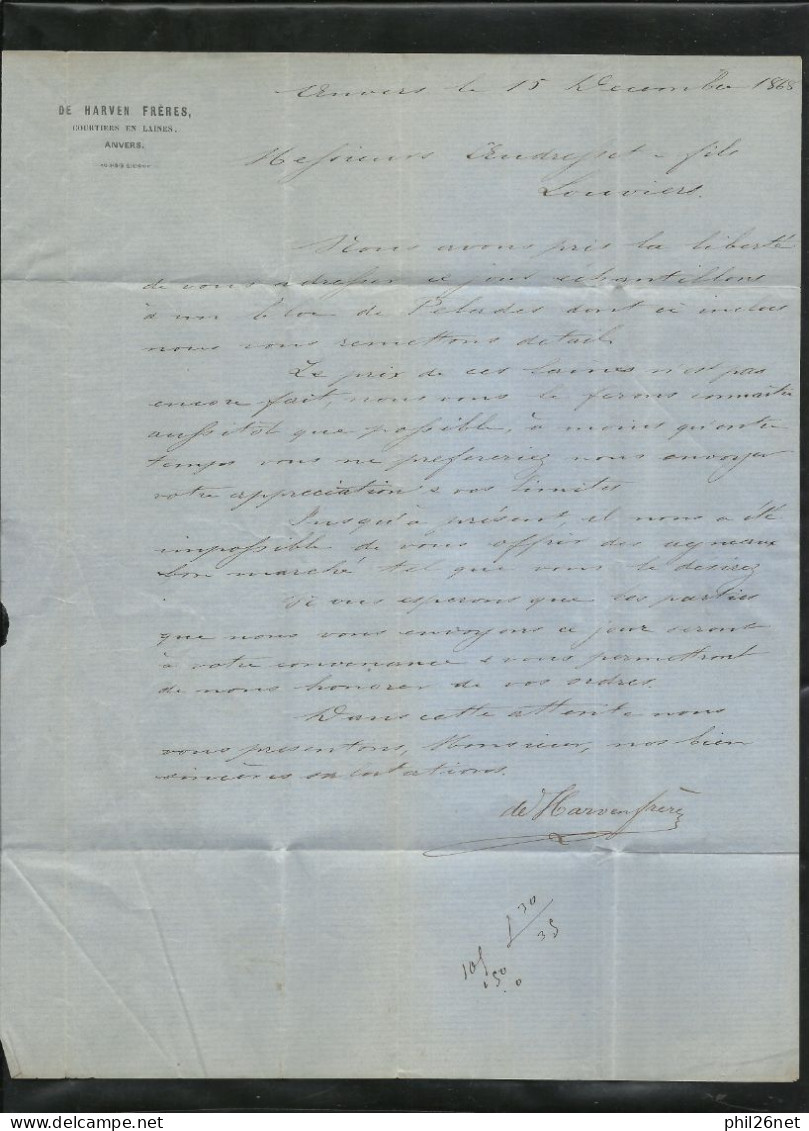 Belgique Pli De Harven Frères Courtiers Laine Anvers15/12/1868 Pour Louviers 17/12 Via Paris 16/12 +++  N° 17 Et 18 B/TB - 1865-1866 Perfil Izquierdo