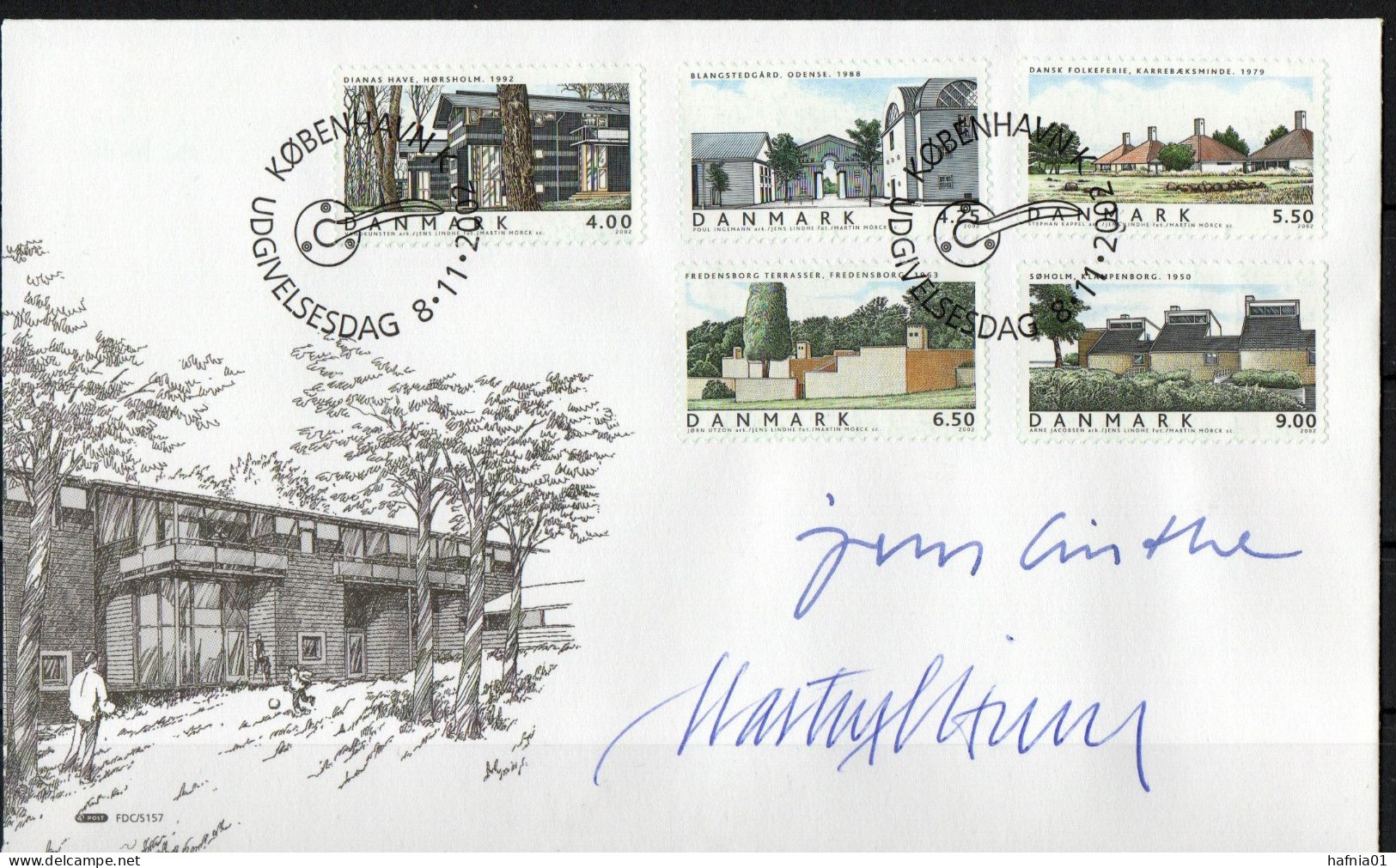 Martin Mörck. Denmark 2002. Residential Buildings. Michel 1321 - 1325. FDC. Signed. - FDC