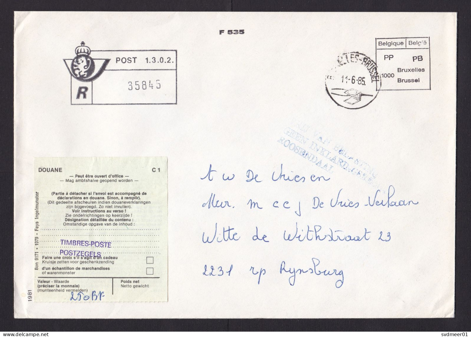 Belgium: Cover To Netherlands, 1985, Postal Service, C1 Customs Label, Not At Home At Back, Cancel (traces Of Use) - Brieven En Documenten