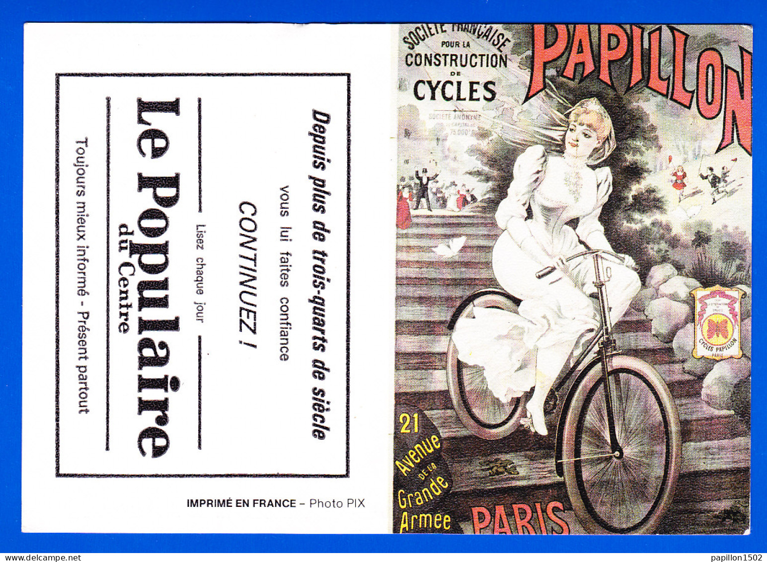 Vieux Papiers-68P51 Calendrier 1986 Pub Pour Le Populaire Du Centre, ""papillon"" Construction De Cycles, BE - Klein Formaat: 1981-90