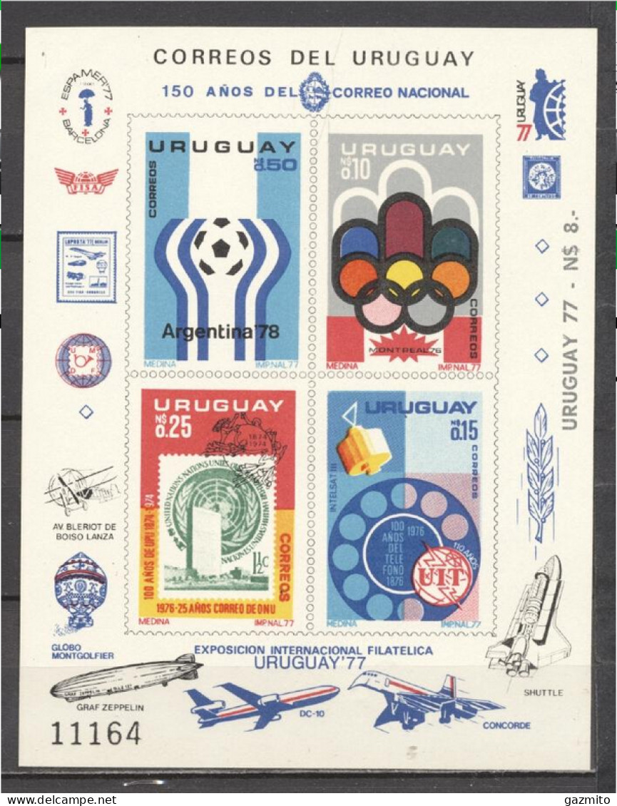 Uruguay 1977, Football World Cup In Argentina, Concorde, Zeppelin, Balloon, Olympic Games In Montreal, Telephone, Block - Zomer 1976: Montreal