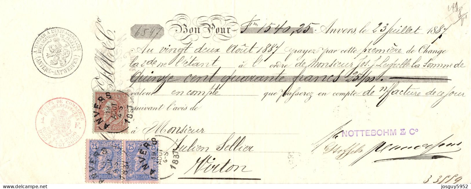 BELGIE 1884 - ONTVANGSTBEWIJS DD 23/07/1887 MET POSTZEGELS N° 48 (2 X) En N° 51 - OBP 515.00 € - 1884-1891 Leopold II