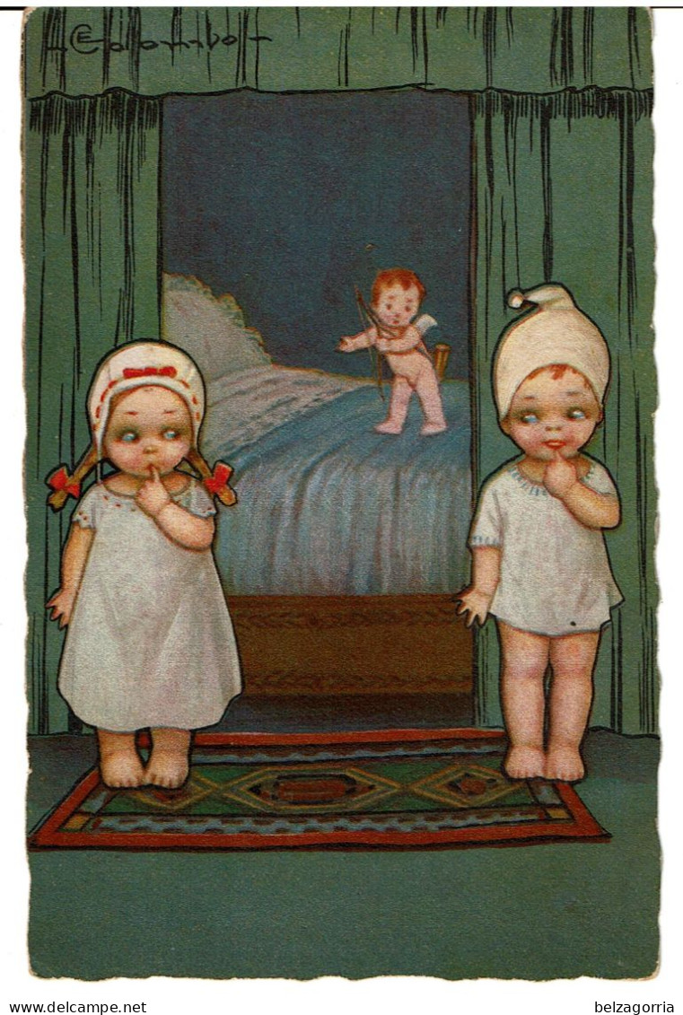 ILLUSTRATEUR  Signé  COLOMBO  -  2 Enfants Avec Angelot Sur Le Lit  -  Art Nouveau  N° 1960-1 - Colombo, E.