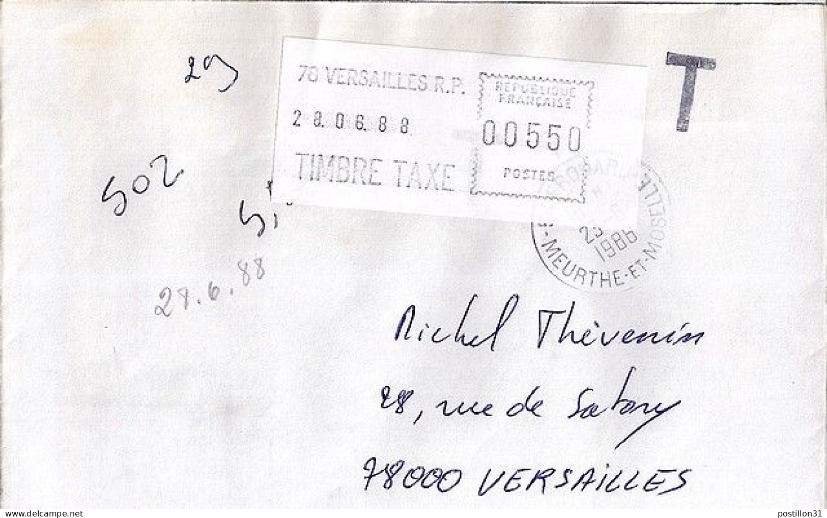 TAXE N° VIGNETTE 5,50FR S/L. A  VERSAILLES/28.6.88 - 1960-.... Covers & Documents