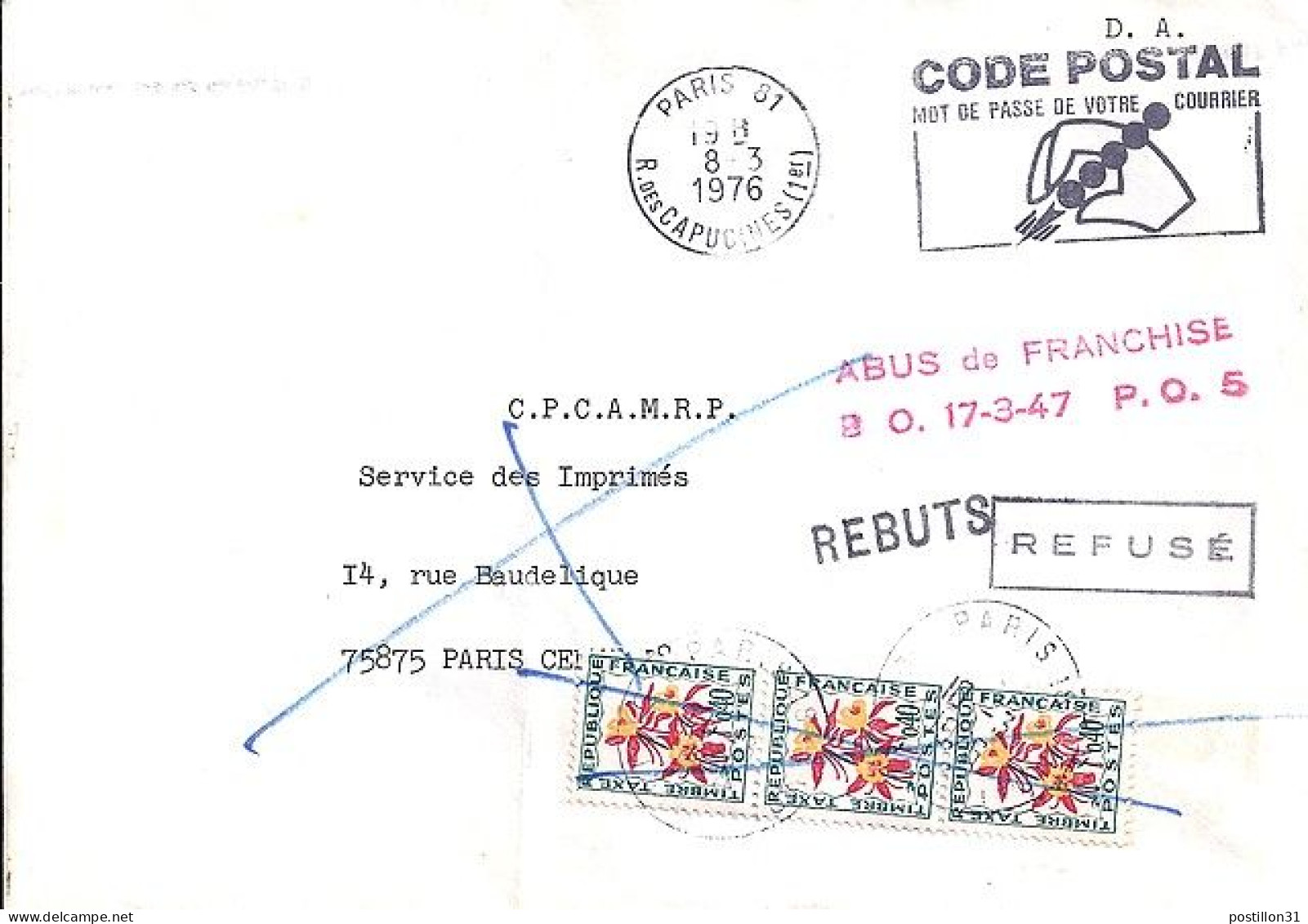 TAXE N° 100x3 S/L. DE PARIS+TAXEE A PARIS/10.3.76 / ABUS DE FRANCHISE - 1960-.... Covers & Documents