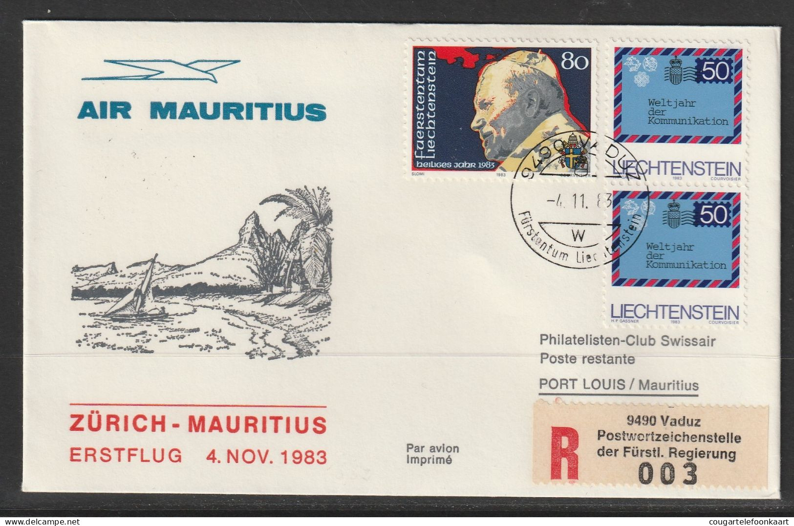 1983, Air Mauritius, Erstflug, Liechtenstein - Mauritius - Poste Aérienne