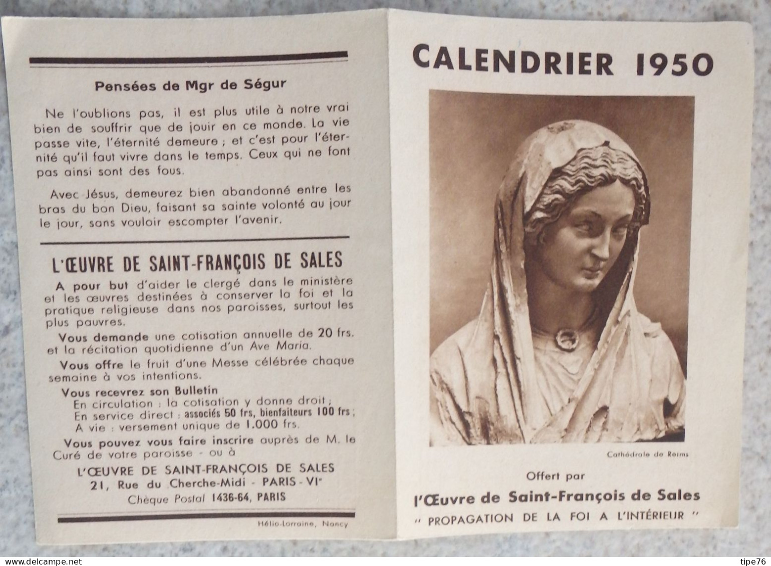 Petit Calendrier  De Poche  Image Pieuse 1950 Oeuvre De Saint François De Sales - Klein Formaat: 1941-60