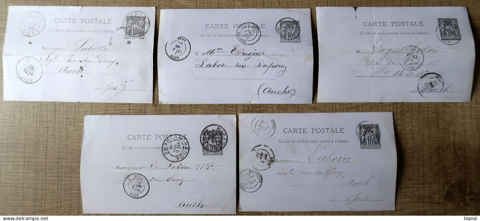 Lot De 5 Cartes Postales Entier Postaux 10c Type Sage. Carton Violet (Oblitération Du Gers) - Collections & Lots: Stationery & PAP