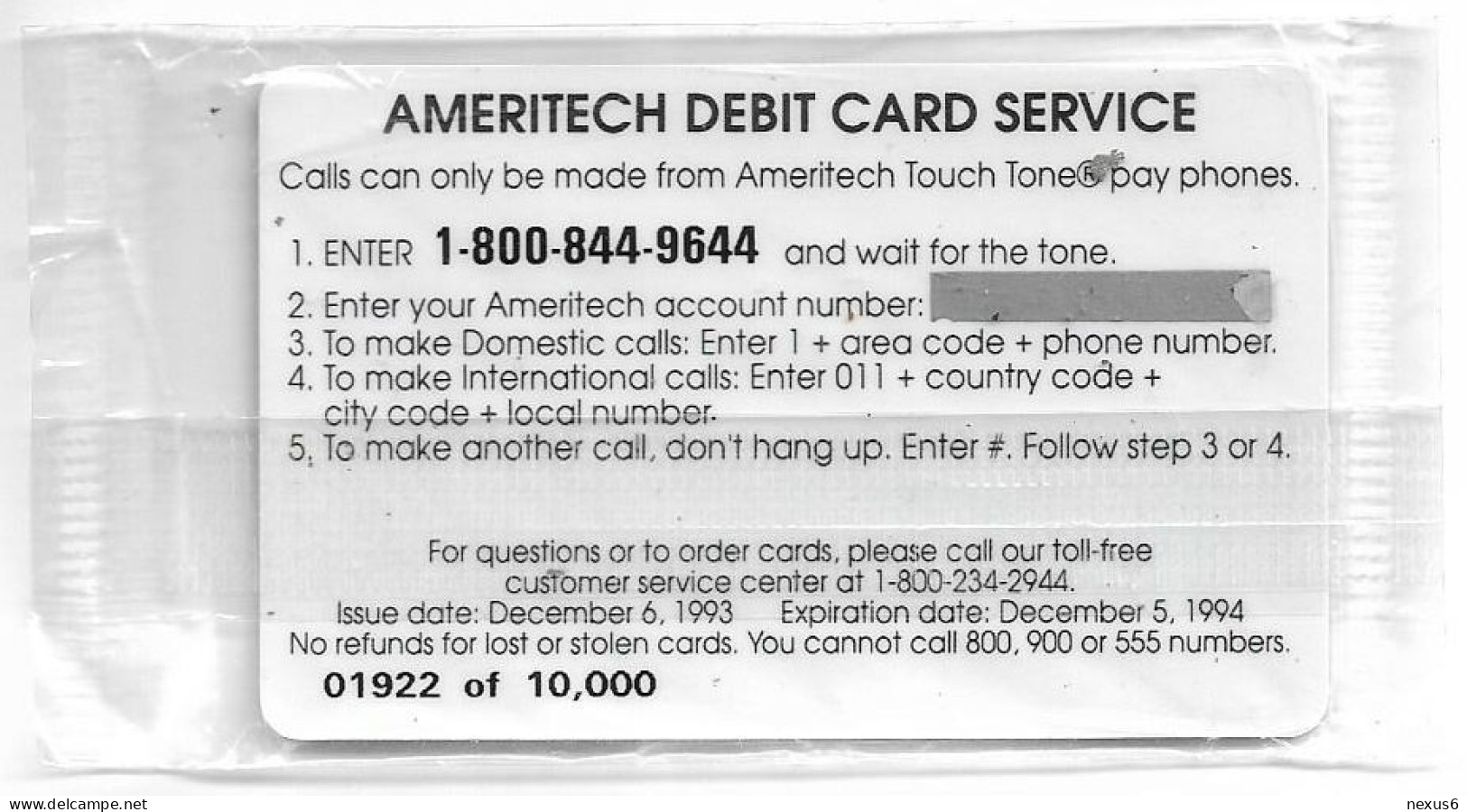 USA - Ameritech (AMT) - Snowflake Trial, First Edition Debit Card, 12.1993, Remote Mem. 10$, 10.000ex, NSB - Altri & Non Classificati