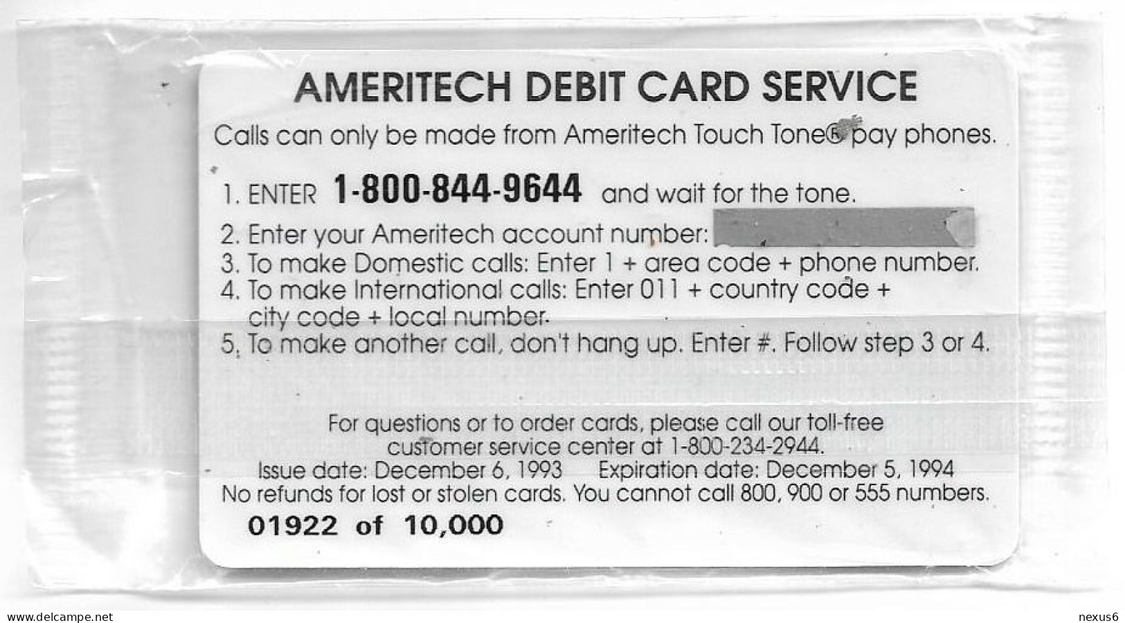 USA - Ameritech (AMT) - Snowflake Trial, First Edition Debit Card, 12.1993, Remote Mem. 10$, 10.000ex, NSB - Sonstige & Ohne Zuordnung