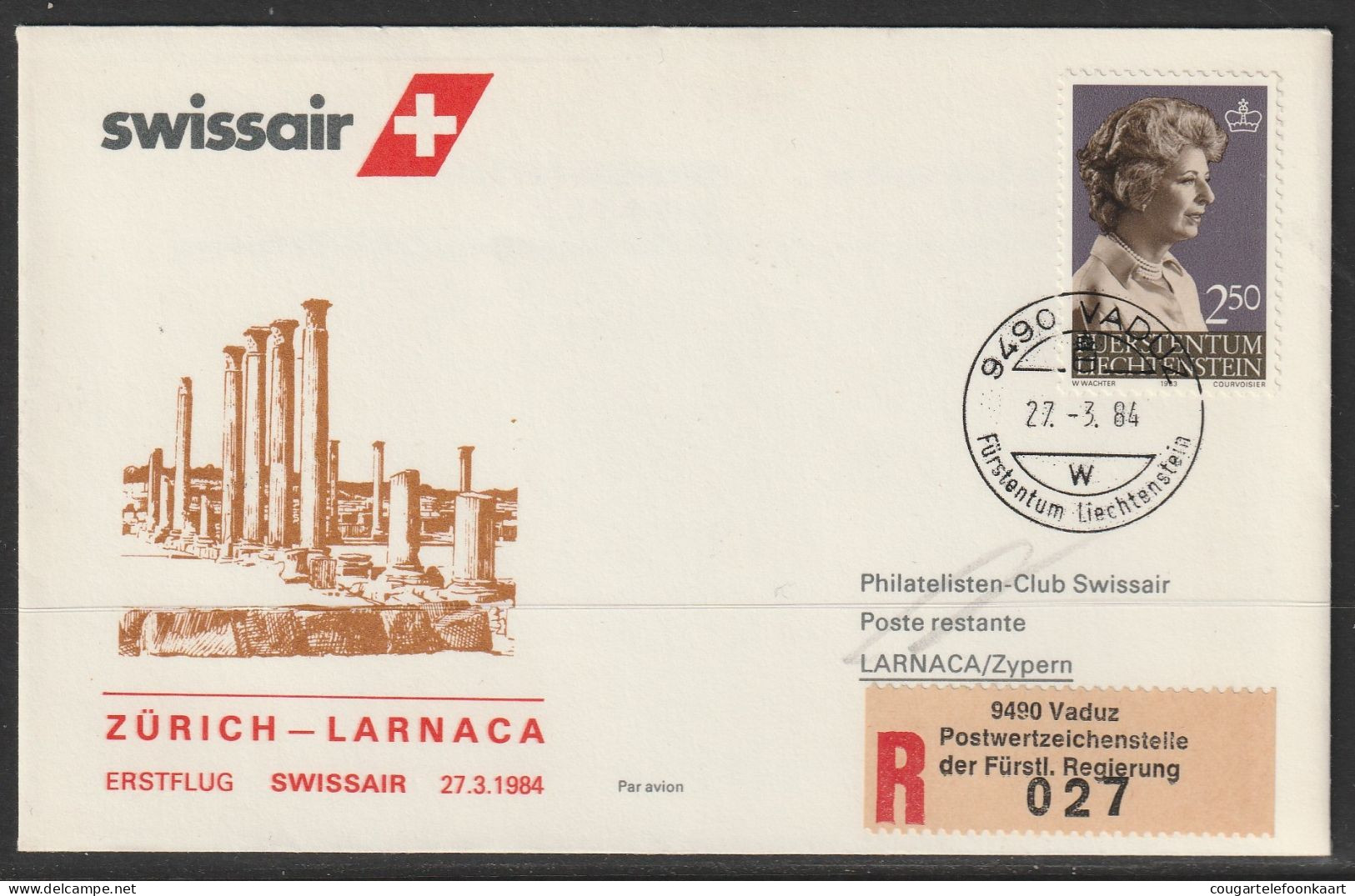 1984, Swissair, Erstflug, Liechtenstein - Larnaca Cyprus - Poste Aérienne