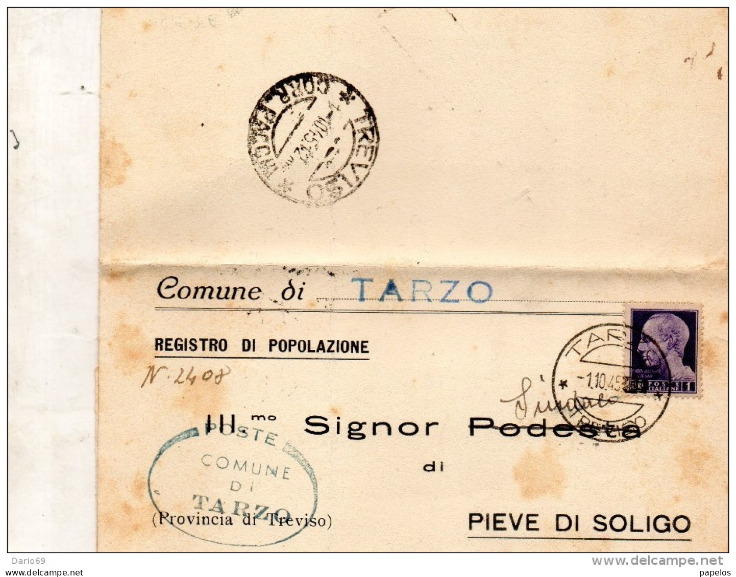 1945  LETTERA CON ANNULLO TARZO TREVISO - Storia Postale