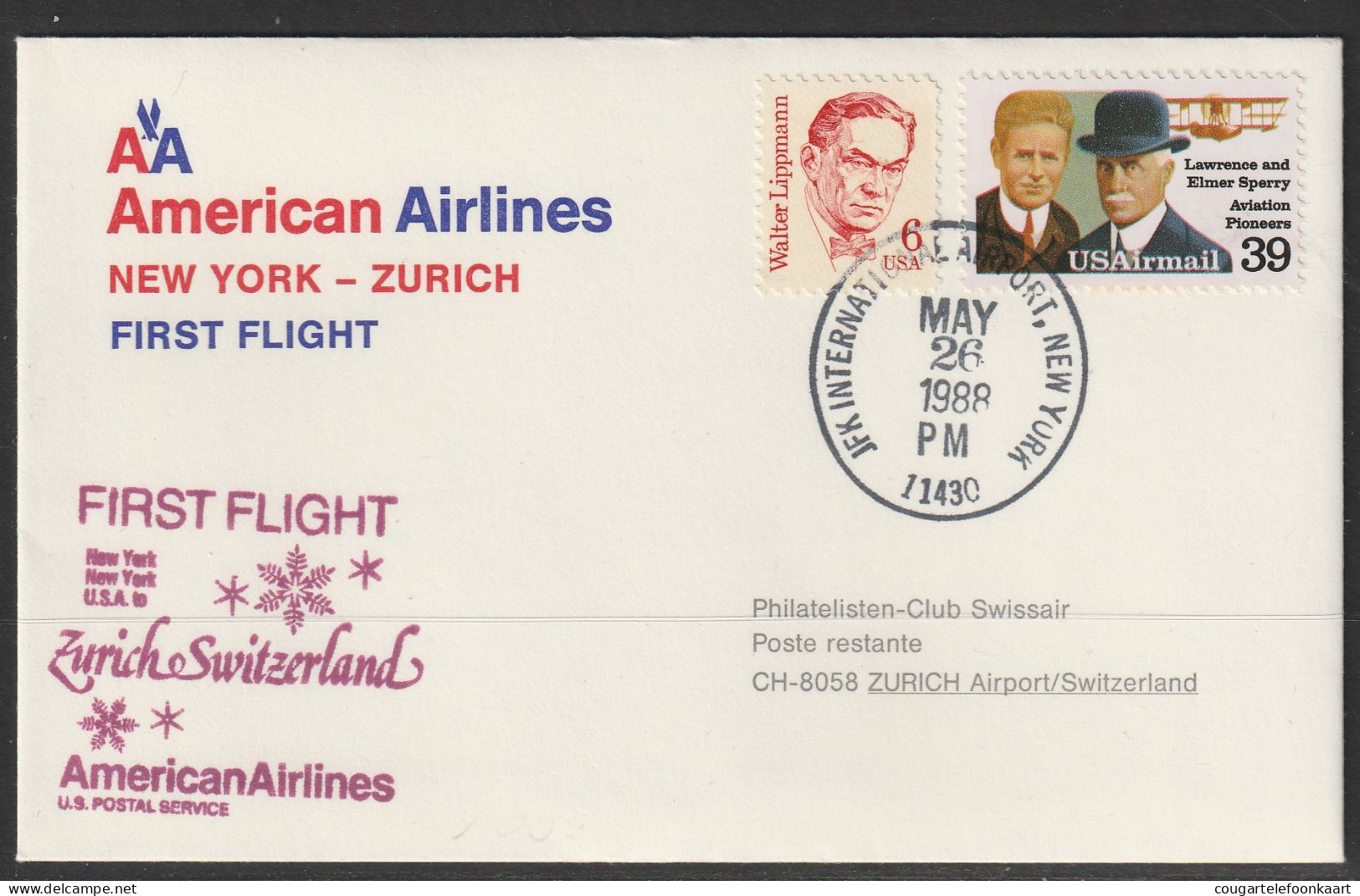 1988, American Airlines, Erstflug, New York JFK - Zürich - 3c. 1961-... Lettres