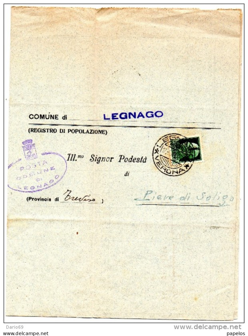 1944 LETTERA CON ANNULLO PIEVE DI SOLIGO TREVISO + LEGNAGO VERONA - Marcophilie