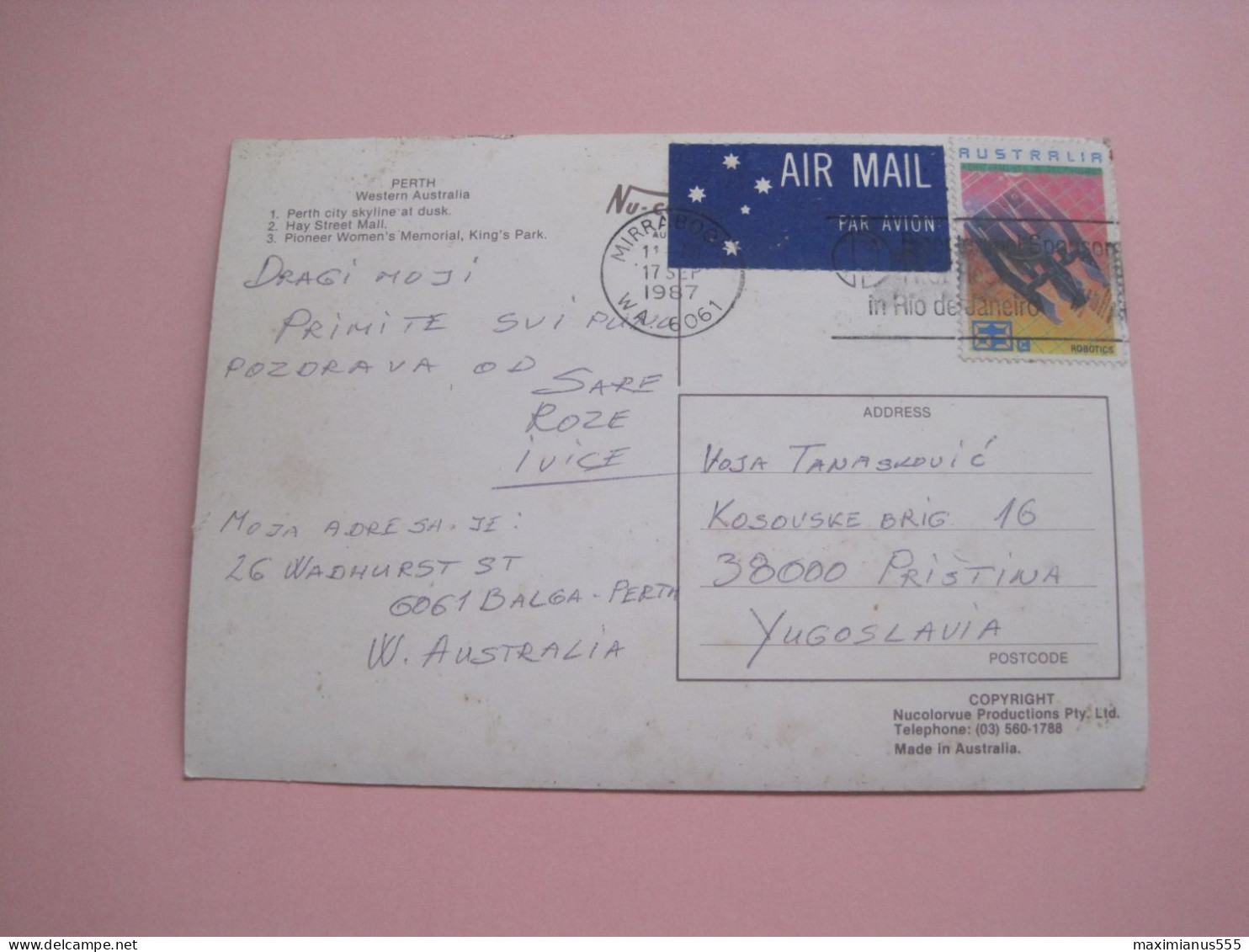 Australia Postcard To Yugoslavia 1987 - Andere & Zonder Classificatie