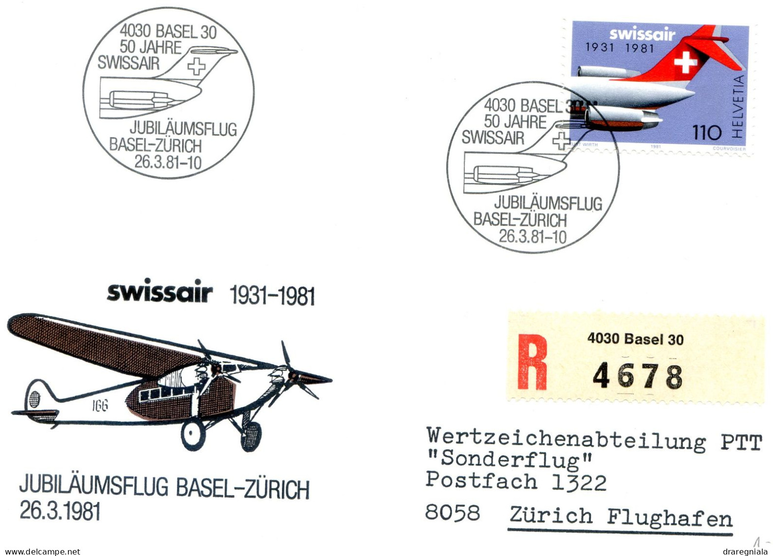 Jubiläumsflug Basel Zürich 26 3 1981 - Swissair - Timbre 653 - Andere & Zonder Classificatie