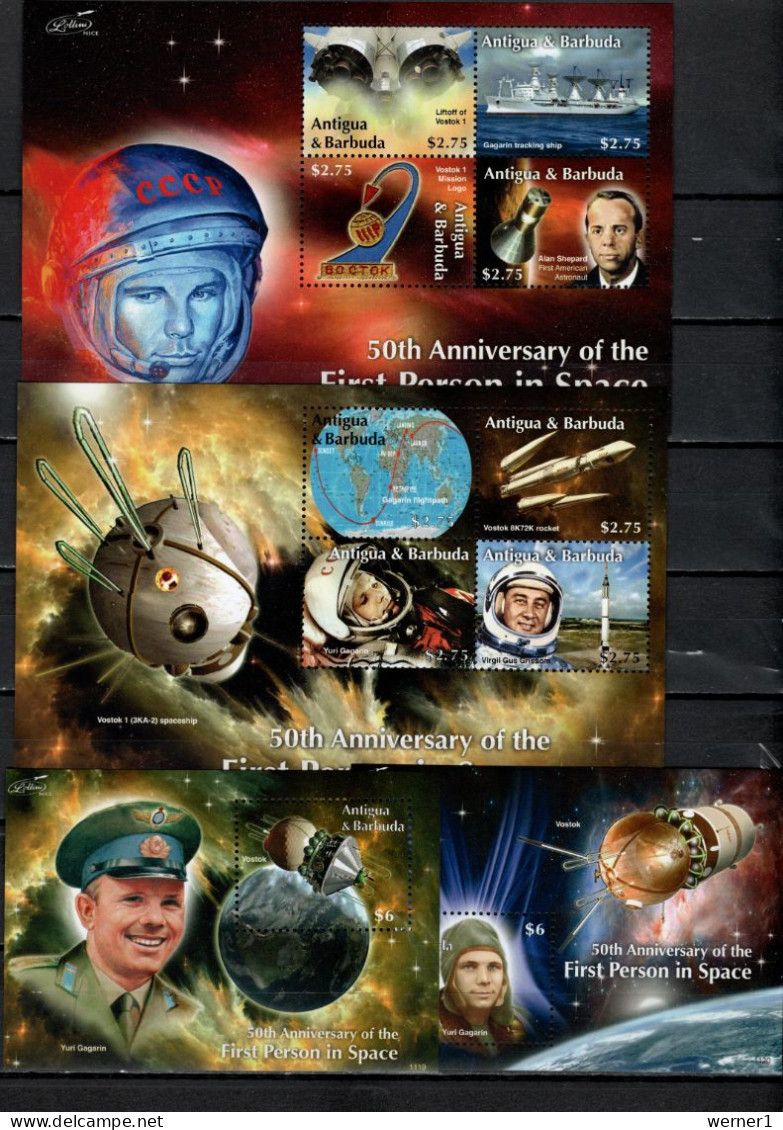 Antigua 2011 Space, Yuri Gagarin 50th Annivers. First Man In Space Set Of 2 Sheetlets + 2 S/s MNH - North  America