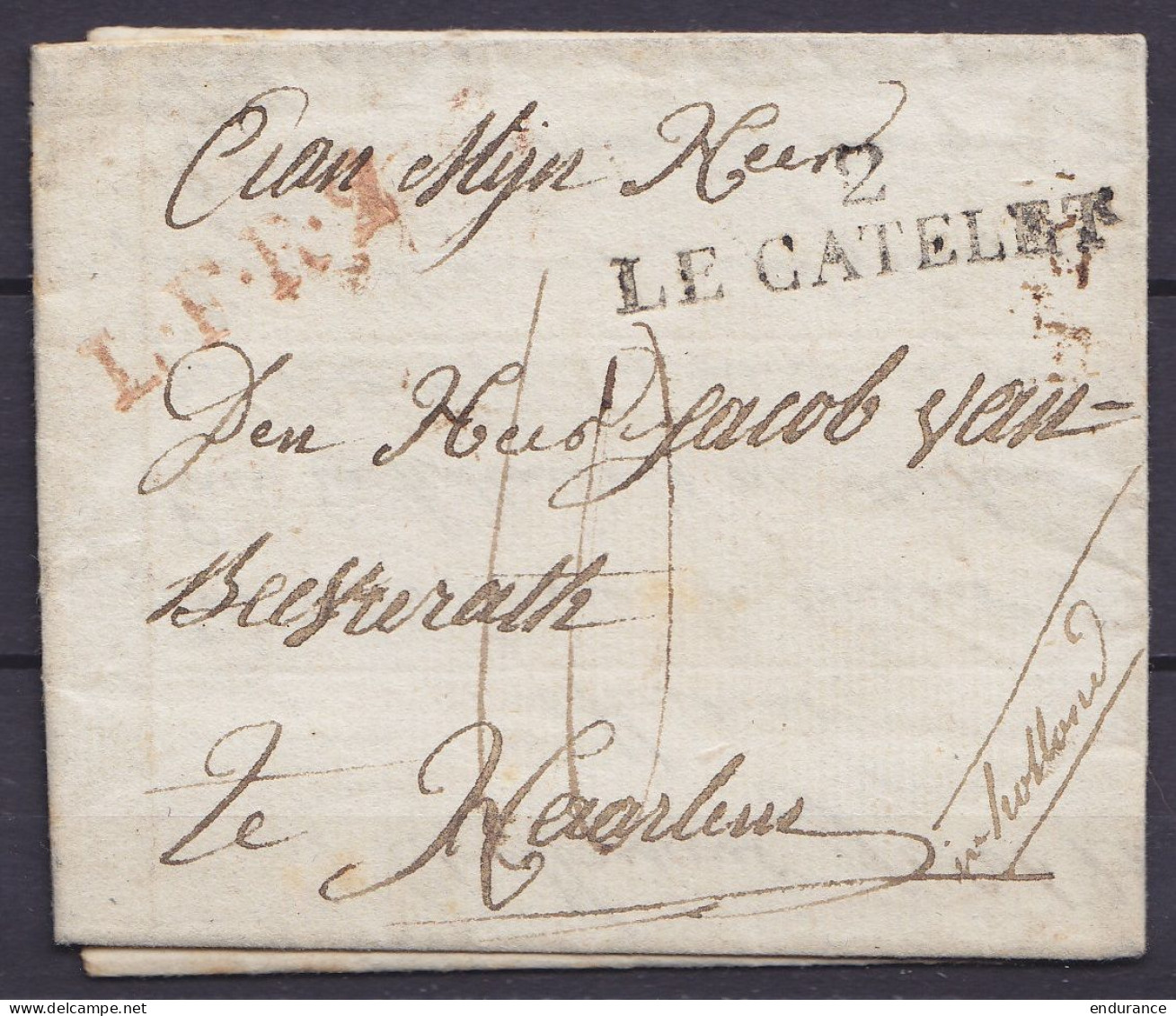 L. Datée 21 Février 1820 De AUBENCHEUL-AU-BOIS Pour HAARLEM "in Holland" - Griffes "2 / LE CATELET" & "L.F.R.4" - Port " - 1815-1830 (Holländische Periode)