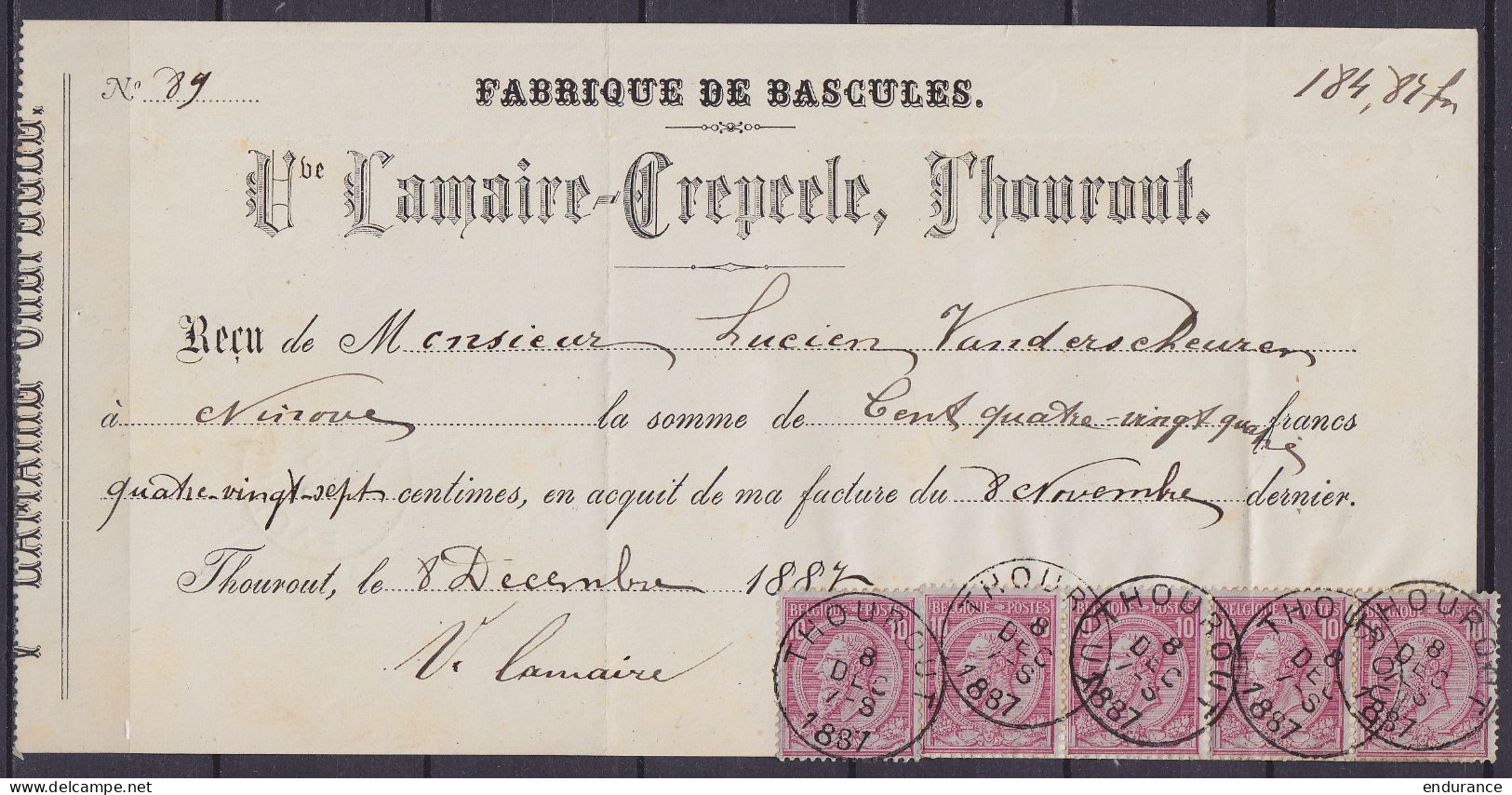 Reçu "Fabrique De Bascules Lamaire-Crepeele" Affr. 5x N°46 Càd THOUROUT /8 DEC 1887 (au Dos: Càd NINOVE /9 DEC 1887) - 1884-1891 Leopold II