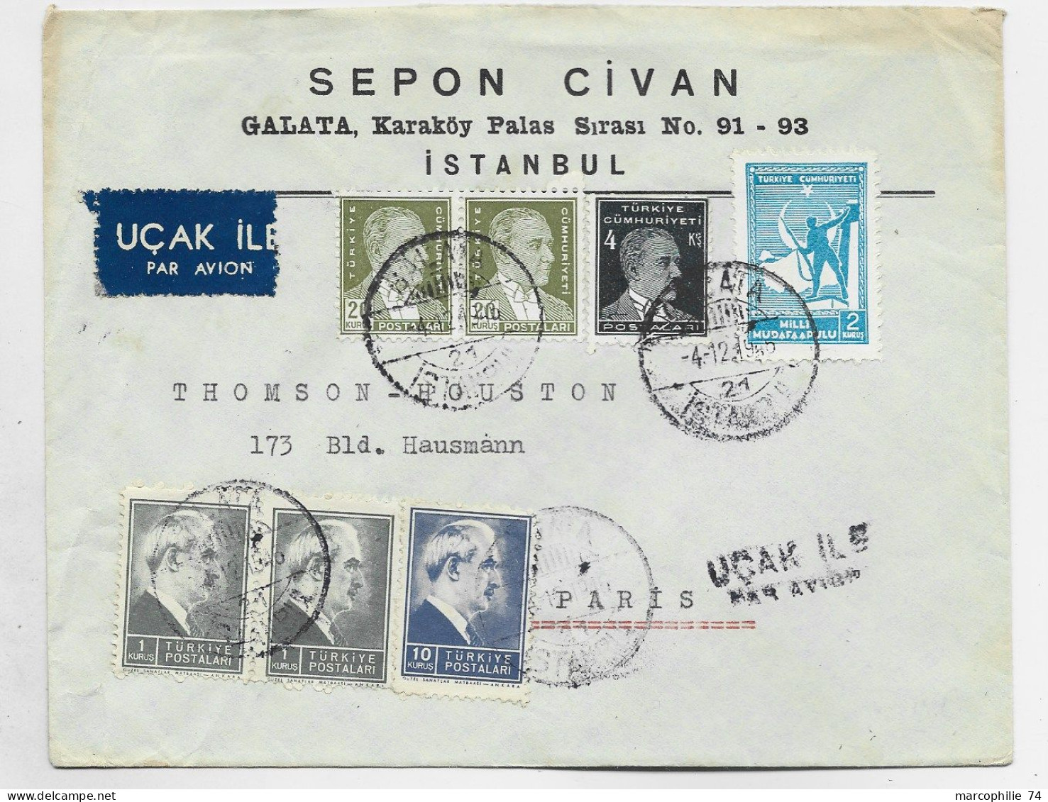 TURKEY TURQUIE 10K+1KX2+4K+2K+20KX2 LETTRE COVER AVION ISTANBUL 1945 TO FRANCE - Lettres & Documents