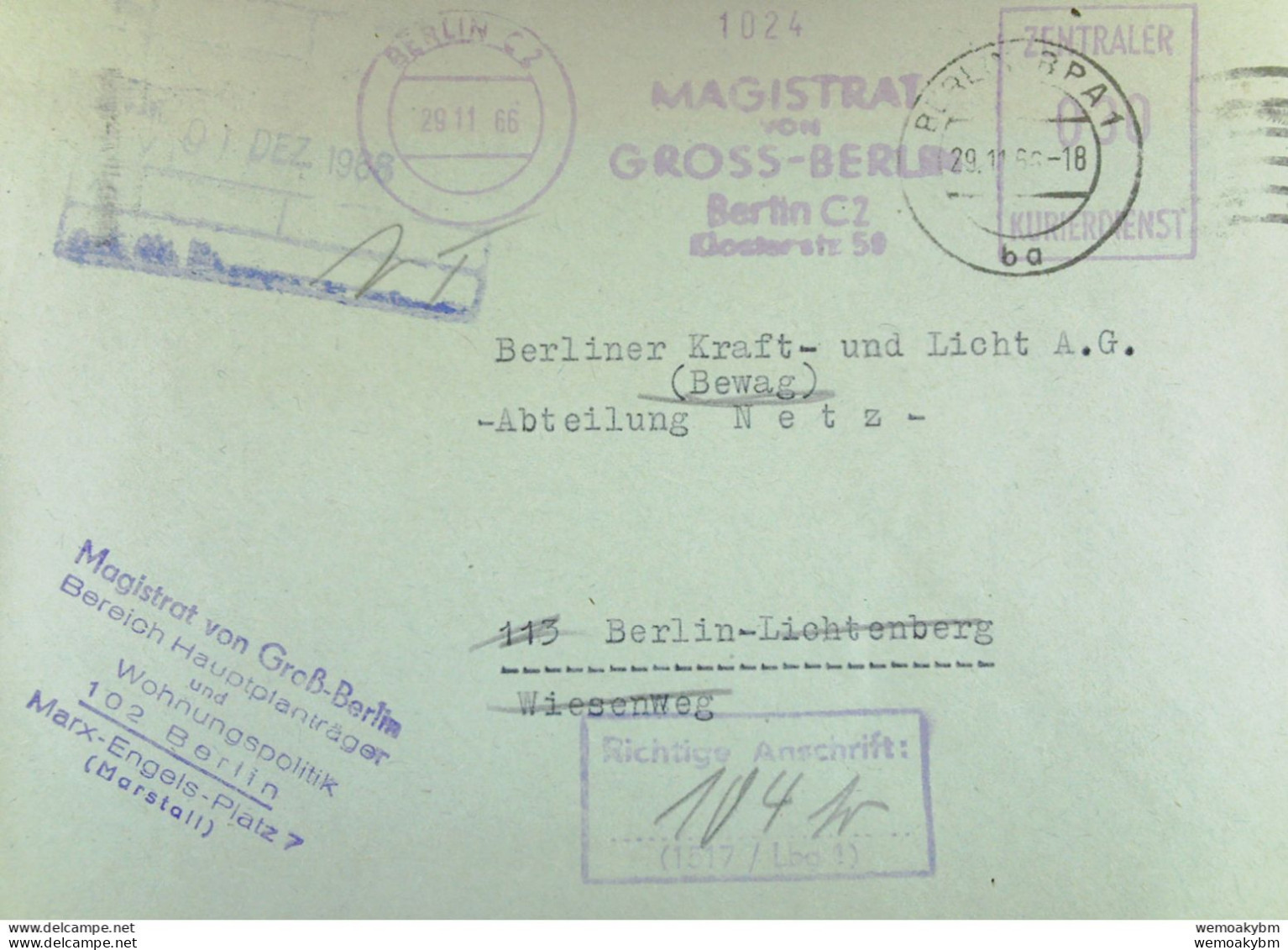 DDR: Brief Mit ZKD-ASF-Stpl. (1024) Und Kontroll-Stpl "Richtige Anschrift.." Vom Magistrat Von Groß-Berlin Vom 29.11.66 - Centrale Postdienst