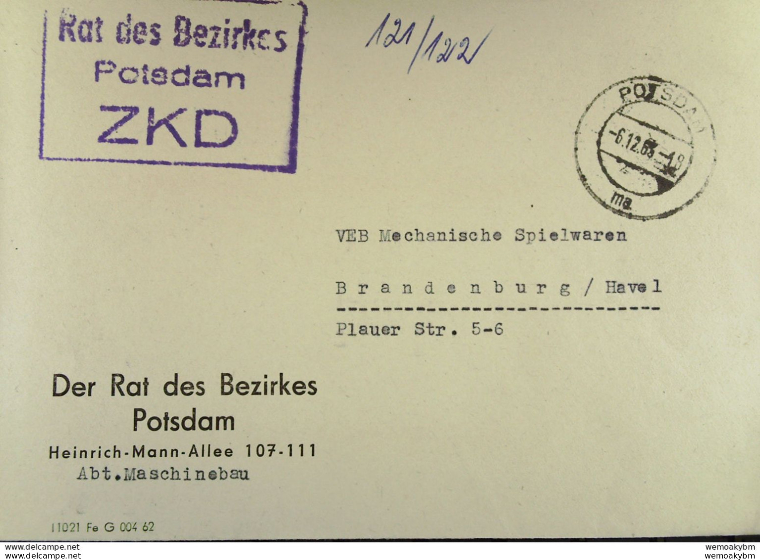 Fern-Brief Mit ZKD-Kastenstempel "Rat Des Bezirkes Potsdam" Vom 6.12.63 Nach Brandenburg - Zentraler Kurierdienst