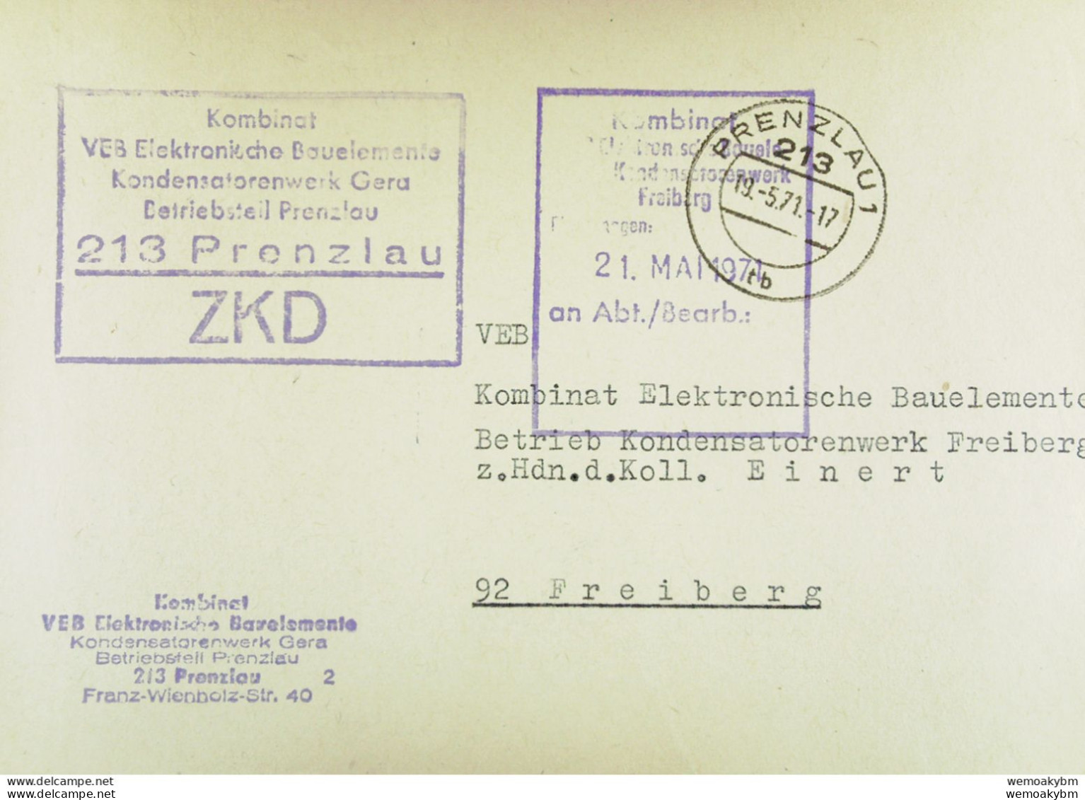 Fern-Brief Mit ZKD-Kastenstpl "Kombinat VEB Elektronische Bauelemente Kondensatorenwerk Gera BT 213 PRENZLAU" V 19.5.71 - Centrale Postdienst