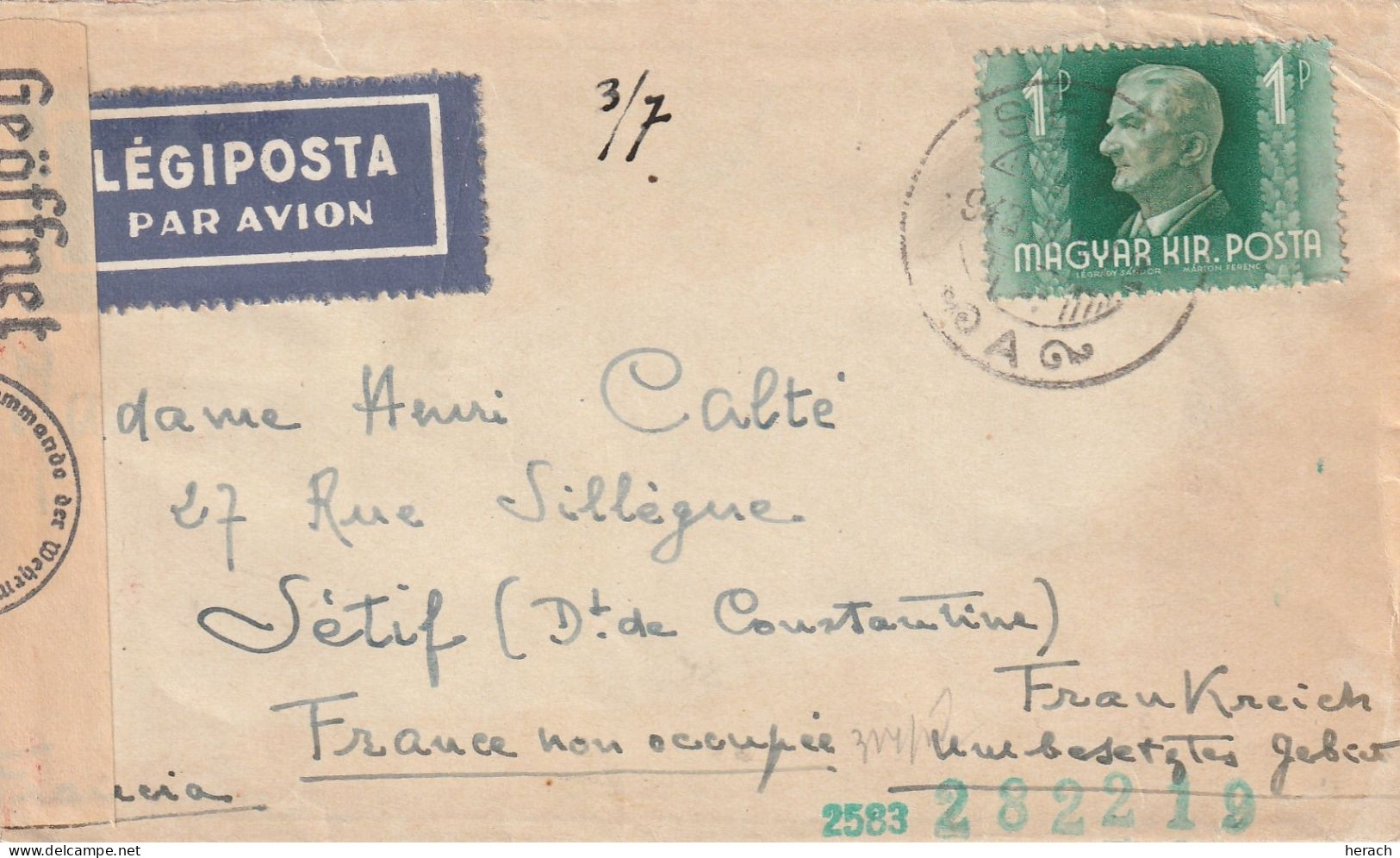 Hongrie Lettre Censurée Pour L'Algérie 1942 - Lettres & Documents