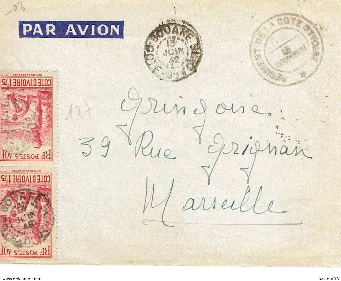 127 X 2 Sur Lettre Par Avion De Bouake Du 13-6-1942 Pour Marseille Cachet Régiment De La Cote D'Ivoire - Brieven En Documenten