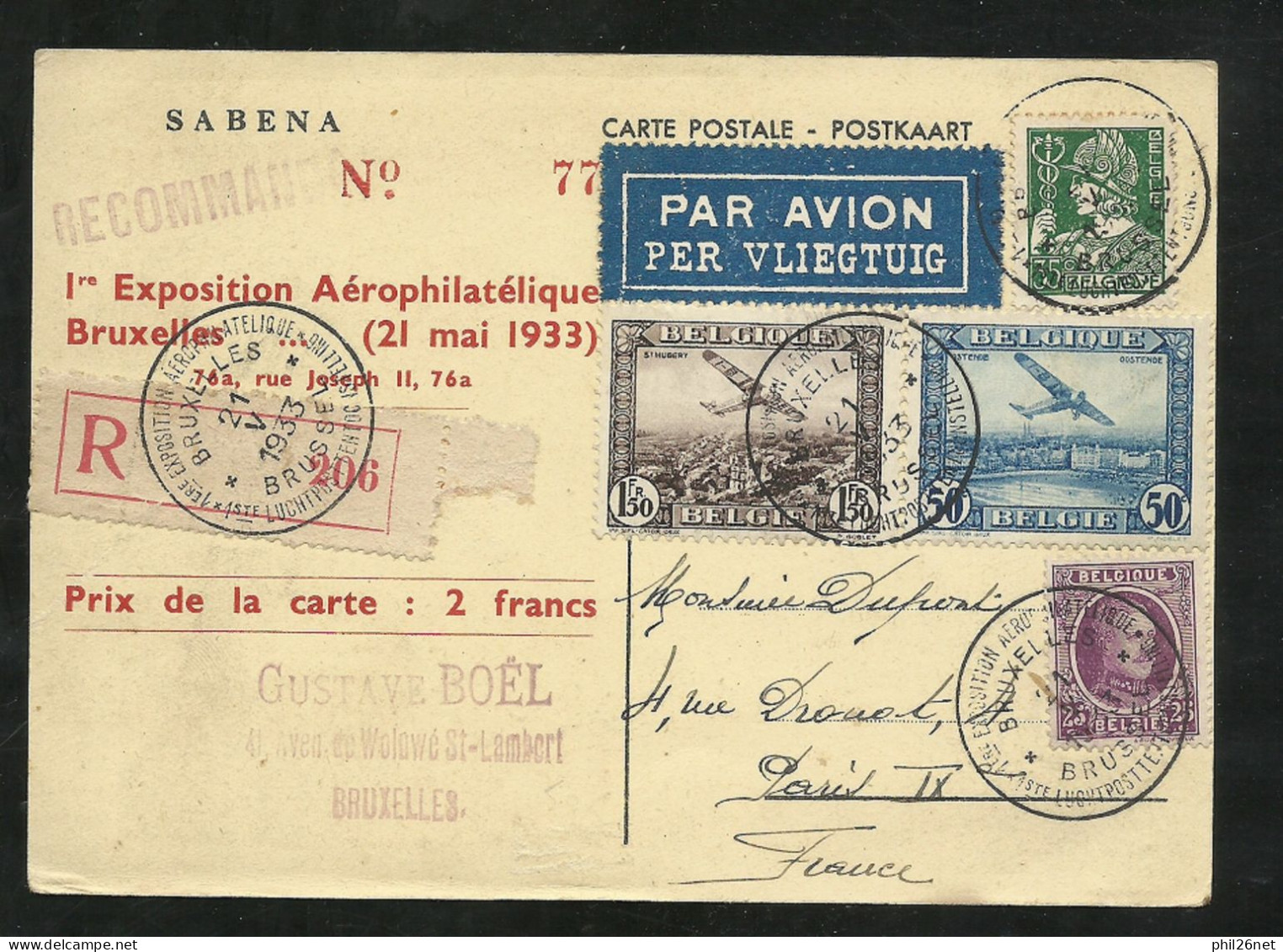 C. P.  SABENA Numérotée.recommandée Exposition Aéro Bruxelles à Paris 21/5/1933  PA N°1 Et 2 Et N° 197 Et 340  B/TB - Lettres & Documents