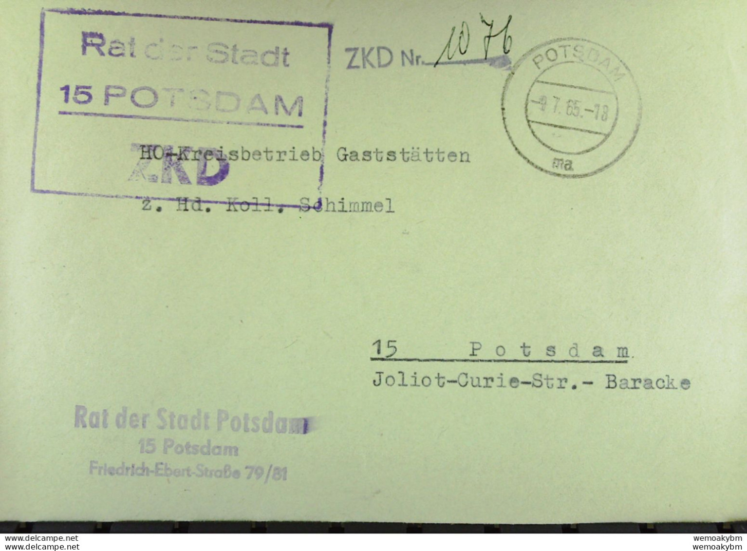 Orts-Brief Mit ZKD-Kastenstempel "Rat Der Stadt 15 Potsdam" Vom 9.7.65 An HO Gaststätten - Servicio Central De Correos