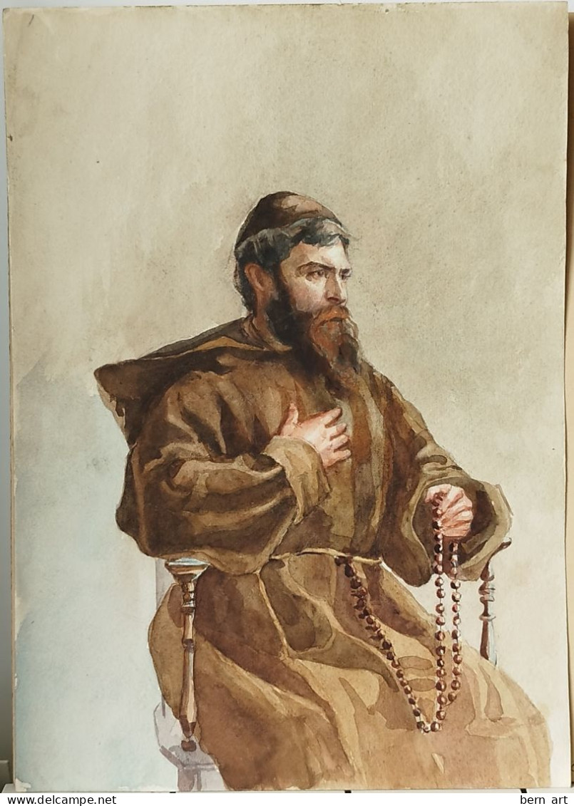 Aquarelle "Religieux à La Soutane Brune Et Au Chapelet". Fond D'Atelier B.F. Vers 1900 - Aquarelles