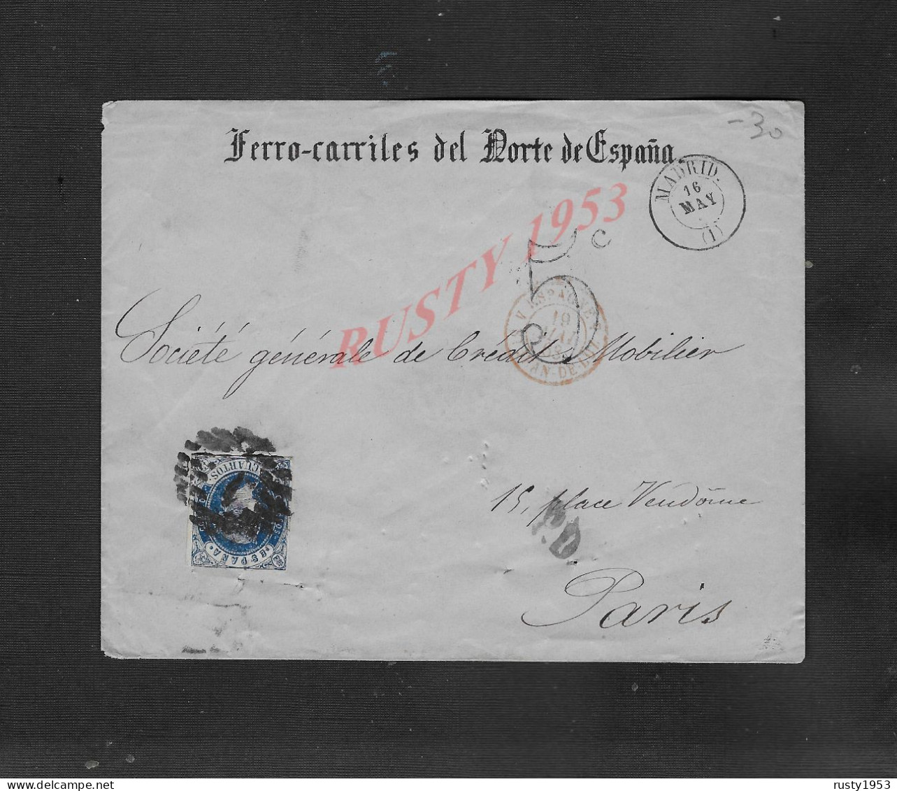 ESPAGNE LETTRE PD 1816 SUR TIMBRE CHEMIN DE FER DEL NORTE CACHET ROUGE DE SAINT JEAN DE LUZ  MADRID TAXE 5 CACHET PARIS - Storia Postale