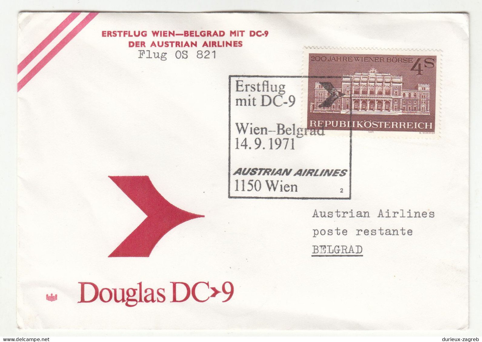 Austria 1971 Austrian Airlines DC-9 Wien Belgrad First Flight Cover B240401 - Other (Air)