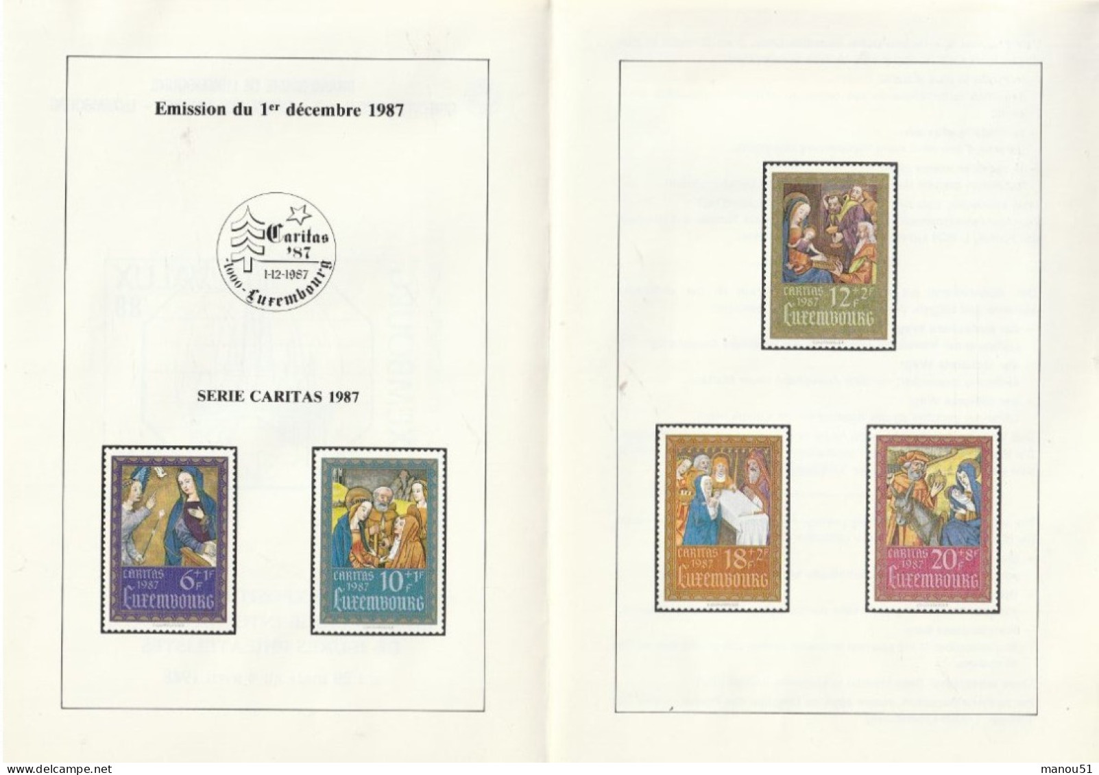 LUXEMBOURG  - Emission Du 1.12.1987 - Série Caritas - 1 Enveloppe Jour D'émission - 1 Feuillet Noël  + 5 Timbres Neufs - Sonstige & Ohne Zuordnung