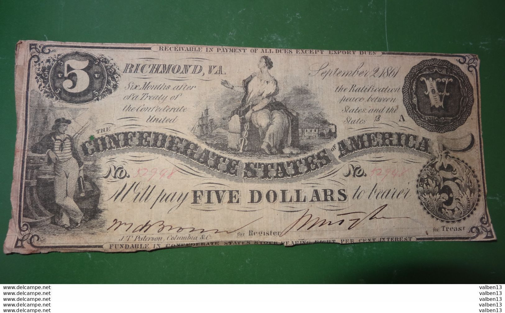 ETATS UNIS: Confederates States Of America. N° 52948, 5 Dollars. Date 02/09/1861 ........ Env.2 - Confederate Currency (1861-1864)