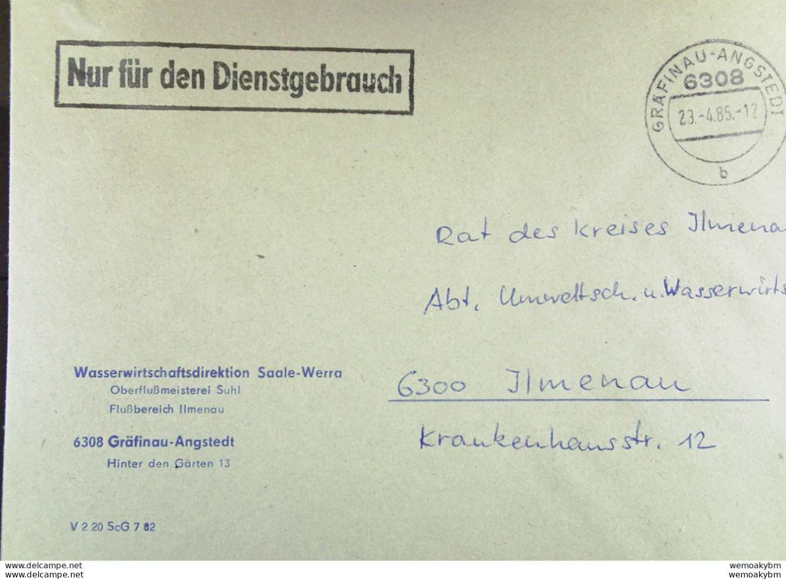 DDR: NfD-Brief Aus GRAEFINAU-ANGSTEDT Vom 23.4.85 Abs: Wasserwirtschaftsdirektion Saale-Werra - Oberflußmeisterei Suhl - Lettres & Documents